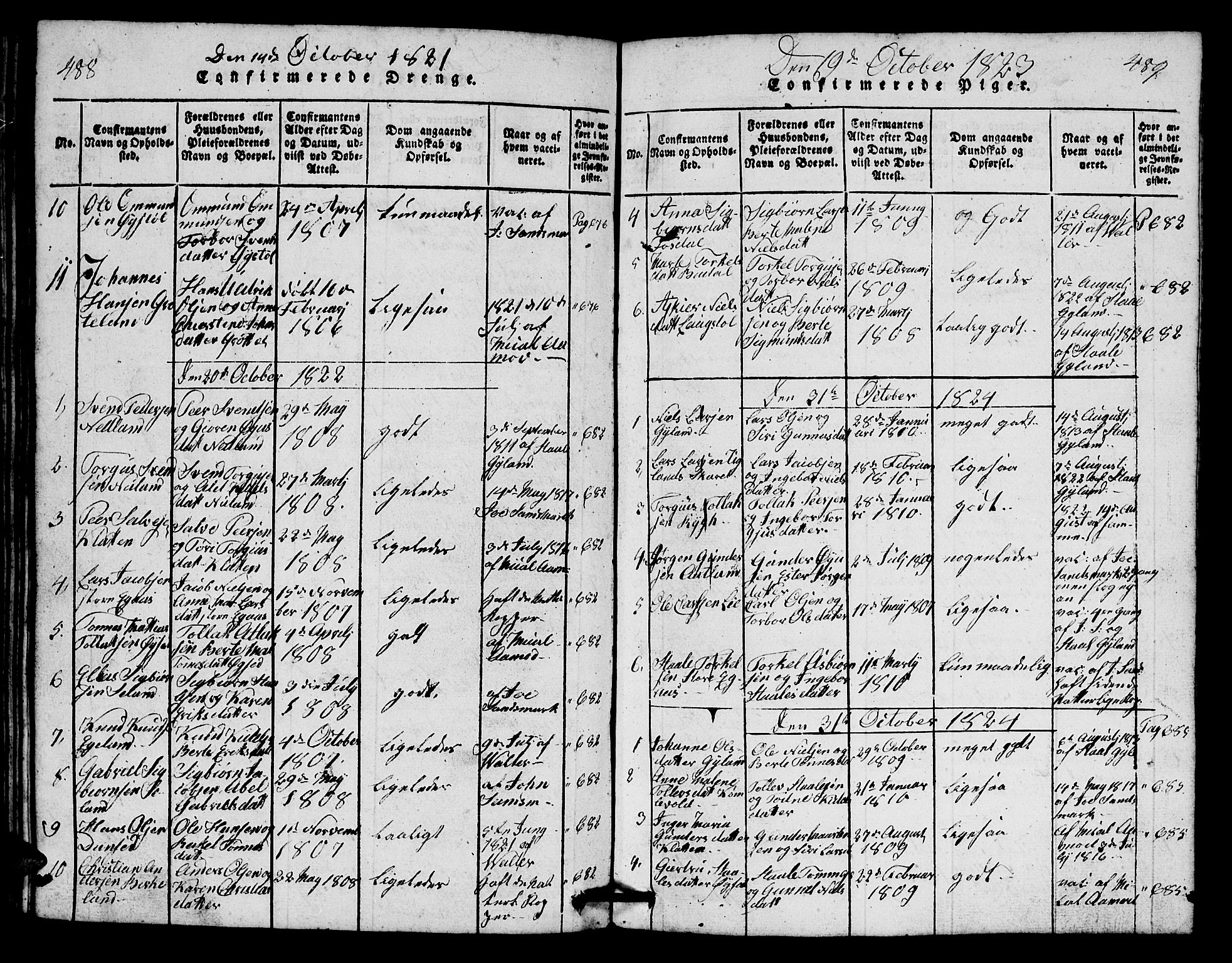 Bakke sokneprestkontor, AV/SAK-1111-0002/F/Fb/Fbb/L0001: Parish register (copy) no. B 1, 1815-1835, p. 488-489