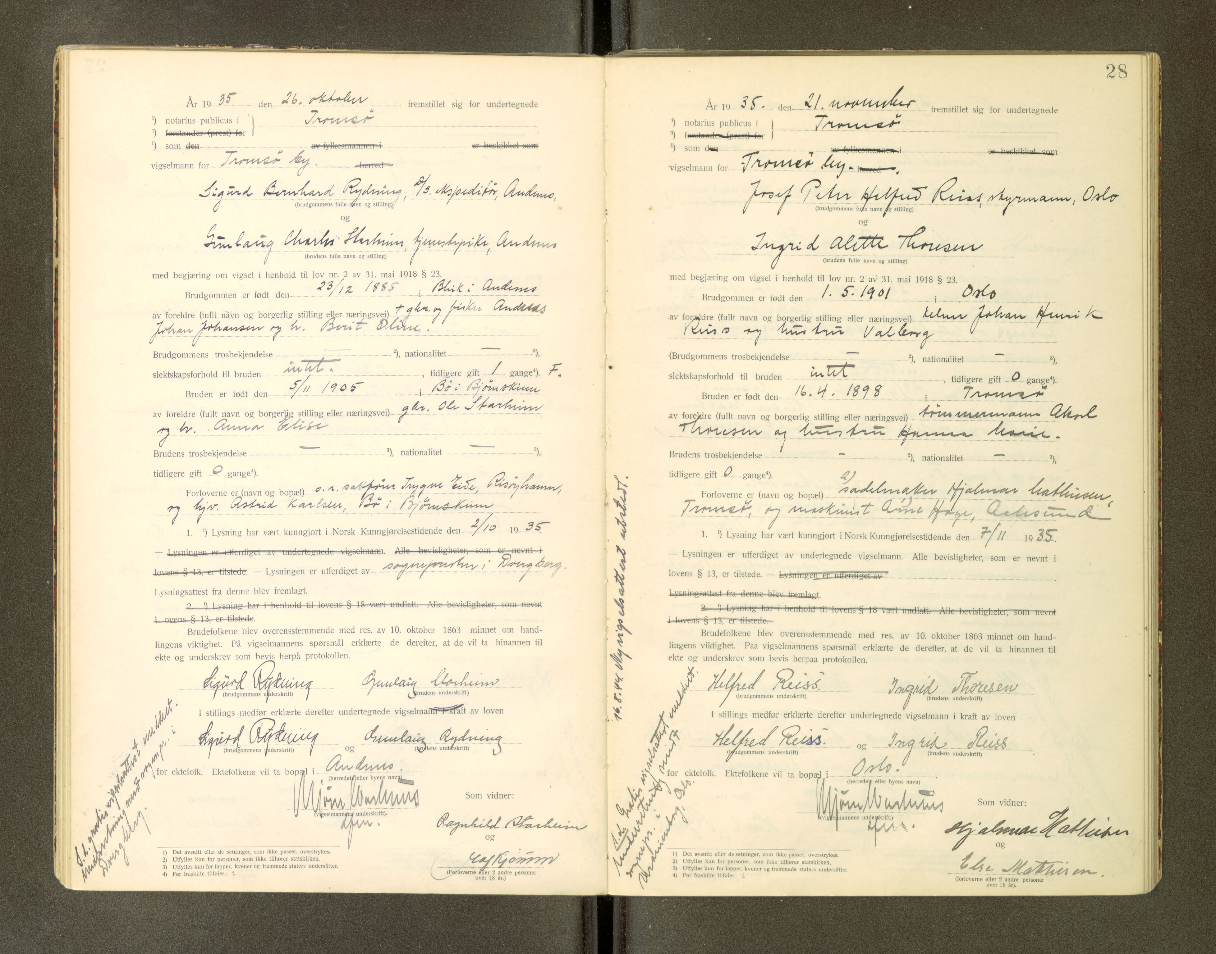 Tromsø byfogd/byrett, AV/SATØ-SATØ-0063/1/Ob/Obc/L0985: Vigselsbok, 1927-1942, p. 28