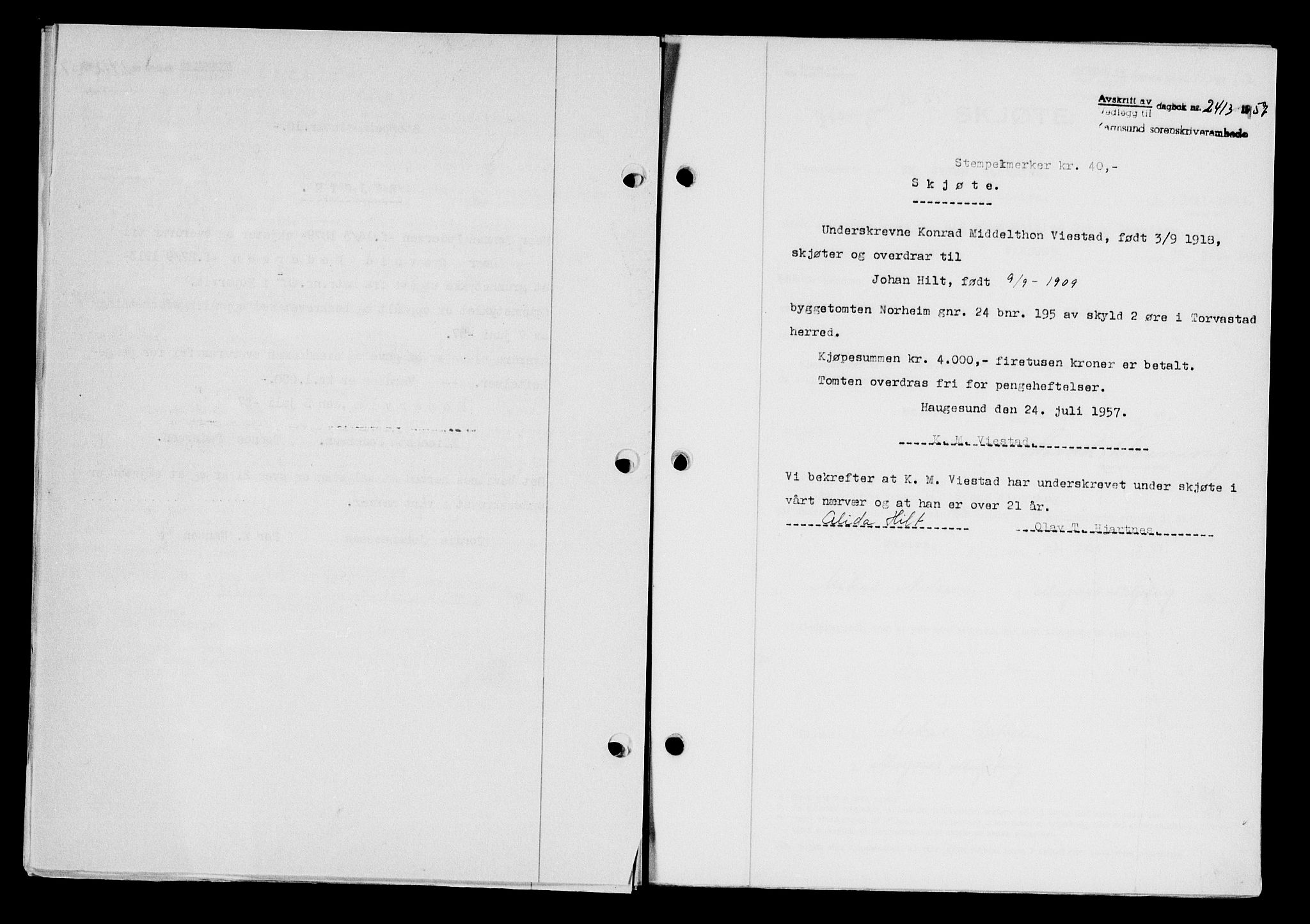 Karmsund sorenskriveri, AV/SAST-A-100311/01/II/IIB/L0125: Mortgage book no. 105A, 1957-1957, Diary no: : 2413/1957