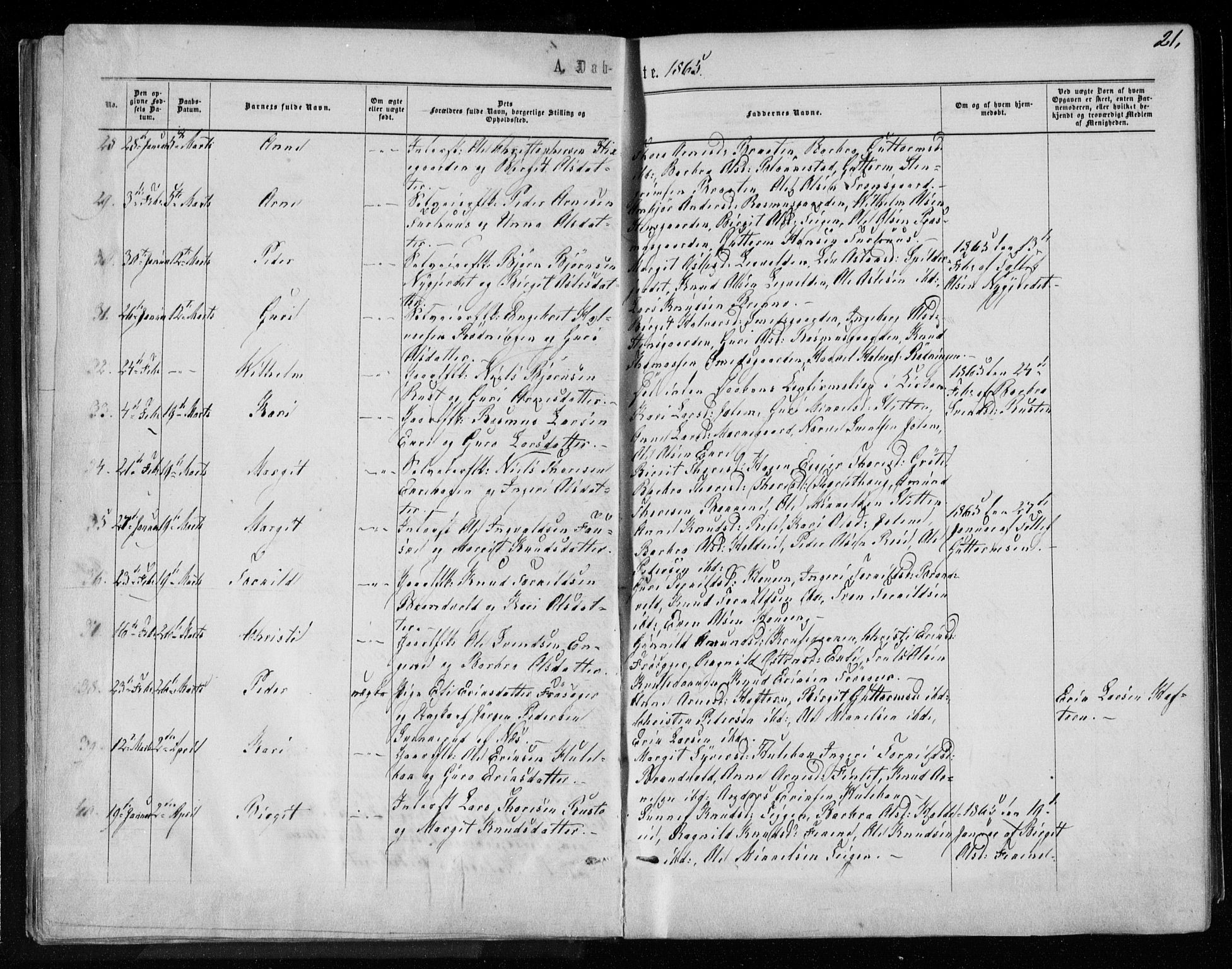 Gol kirkebøker, AV/SAKO-A-226/F/Fa/L0003: Parish register (official) no. I 3, 1863-1875, p. 21