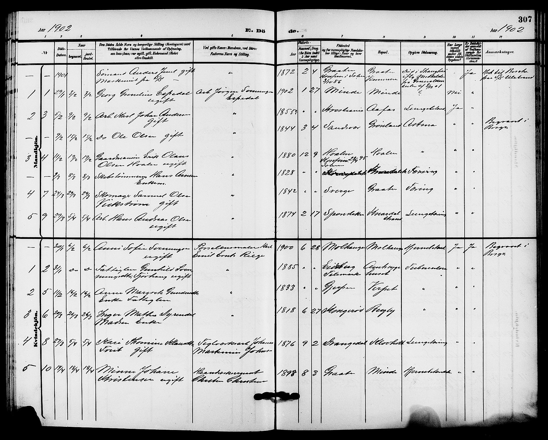 Solum kirkebøker, SAKO/A-306/G/Ga/L0008: Parish register (copy) no. I 8, 1898-1909, p. 307