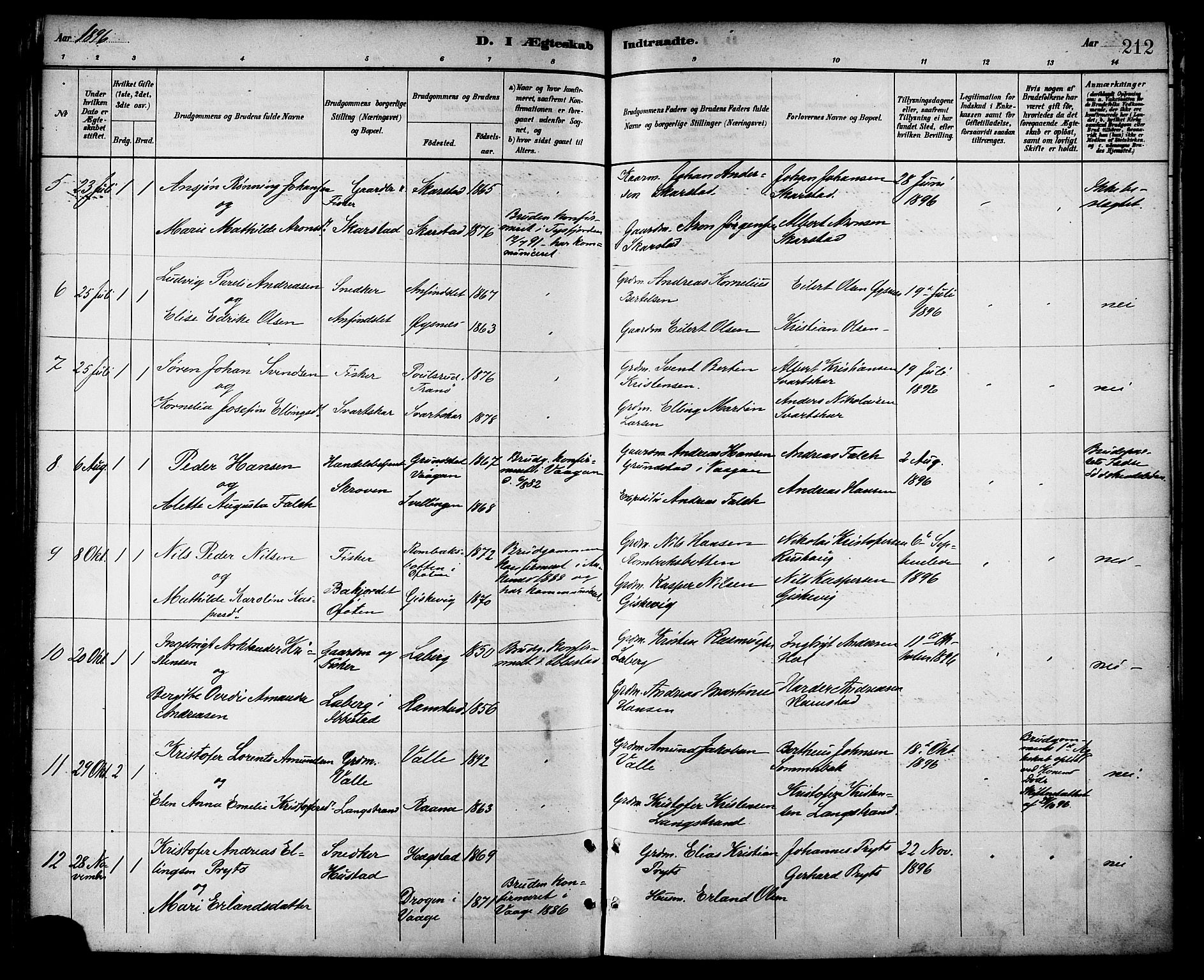 Ministerialprotokoller, klokkerbøker og fødselsregistre - Nordland, AV/SAT-A-1459/872/L1035: Parish register (official) no. 872A10, 1884-1896, p. 212