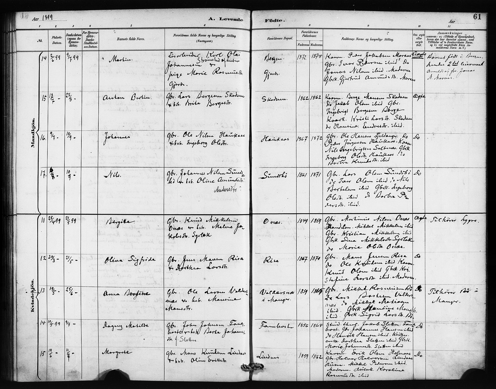 Lindås Sokneprestembete, AV/SAB-A-76701/H/Haa/Haab/L0001: Parish register (official) no. B 1, 1886-1900, p. 61