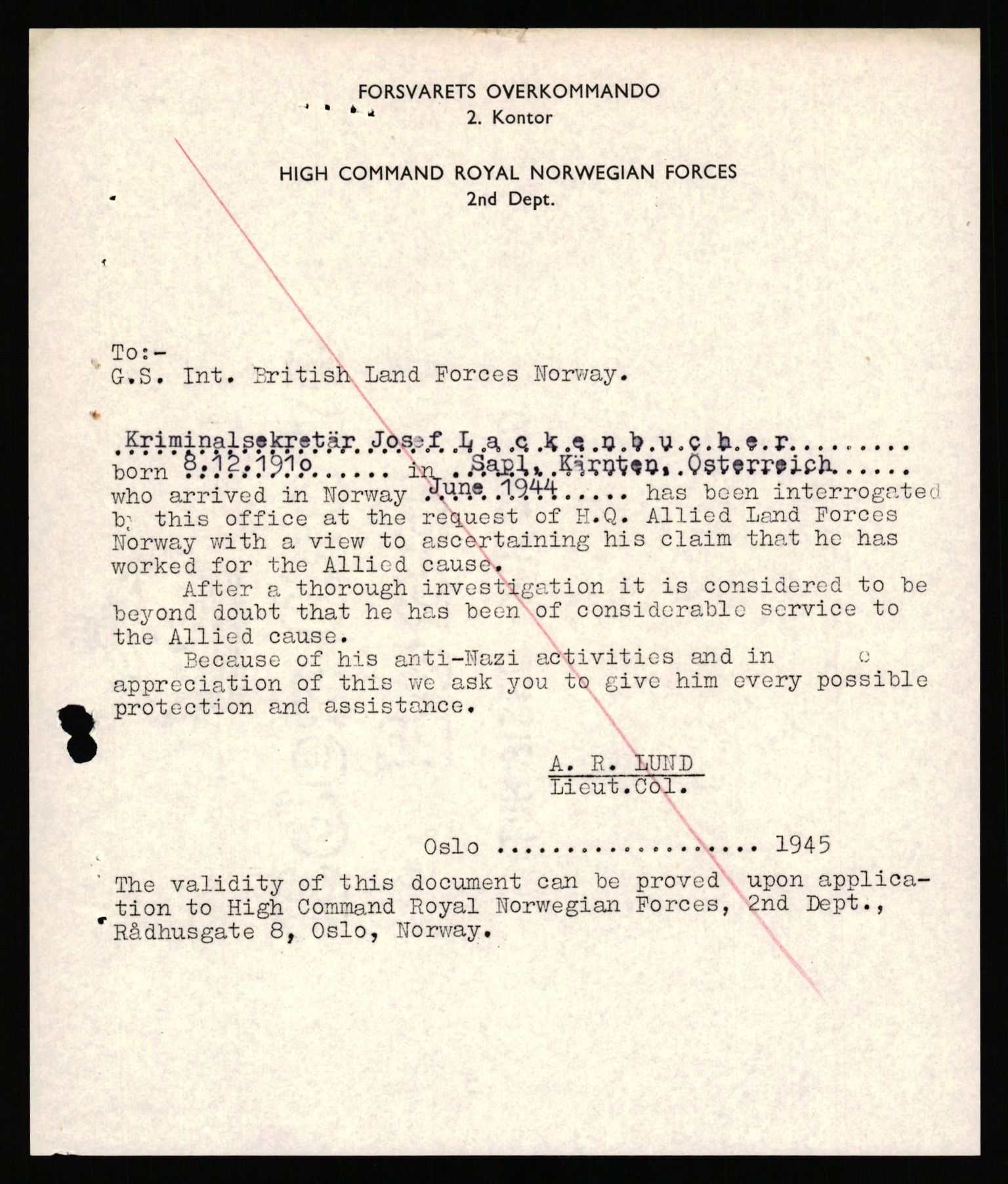 Forsvaret, Forsvarets overkommando II, AV/RA-RAFA-3915/D/Db/L0039: CI Questionaires. Tyske okkupasjonsstyrker i Norge. Østerrikere., 1945-1946, p. 239