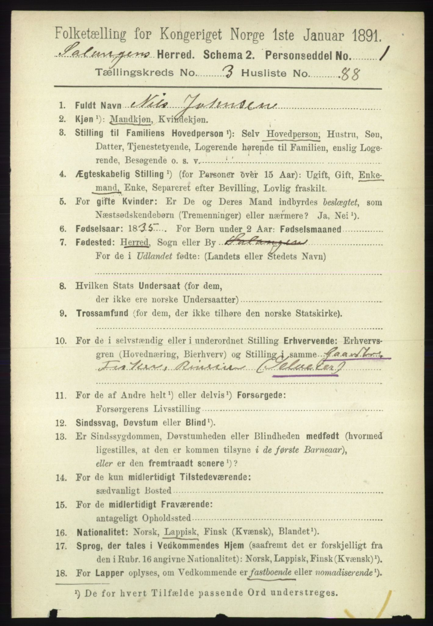 RA, 1891 census for 1921 Salangen, 1891, p. 1728