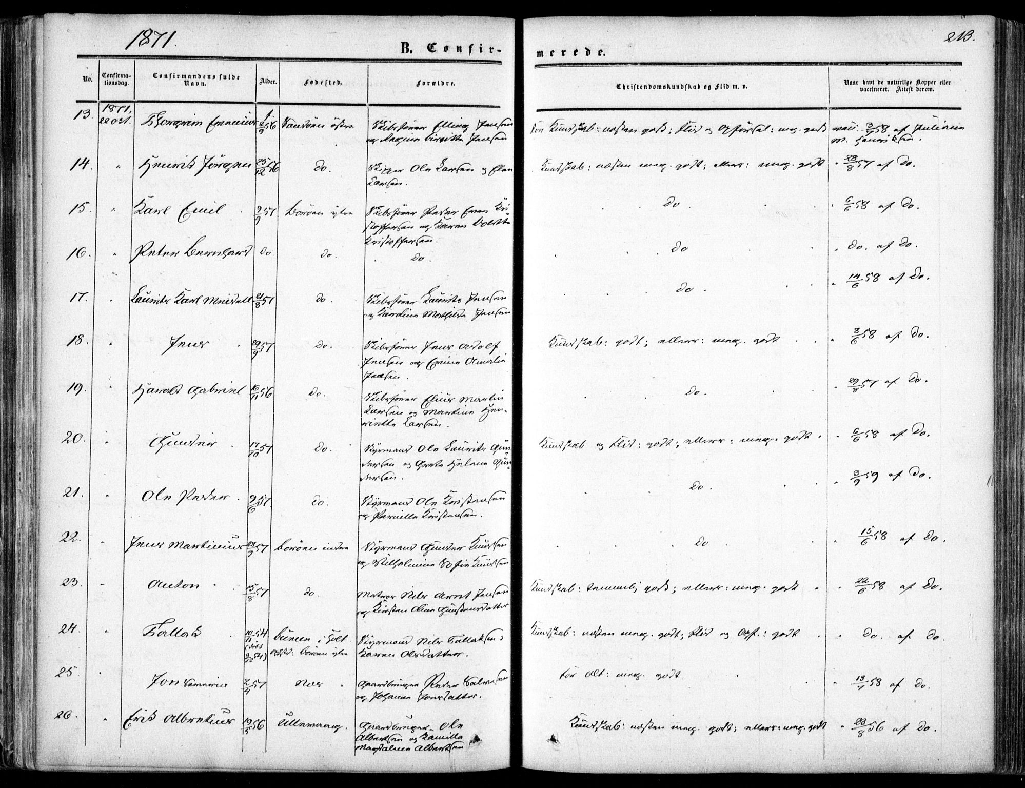 Dypvåg sokneprestkontor, AV/SAK-1111-0007/F/Fa/Faa/L0006: Parish register (official) no. A 6, 1855-1872, p. 213