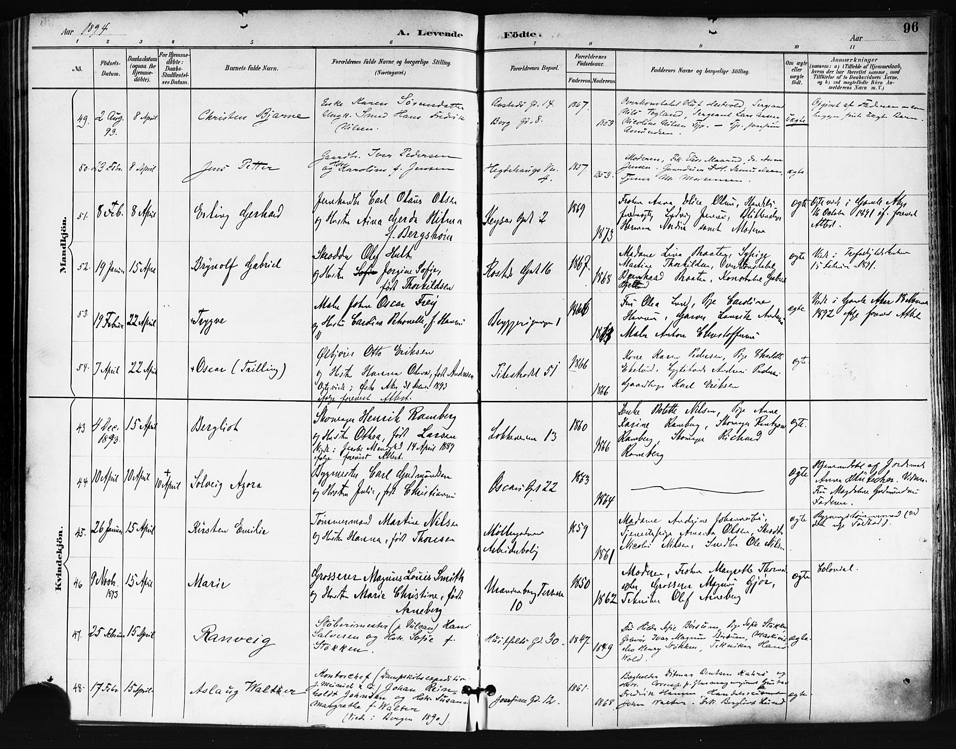 Trefoldighet prestekontor Kirkebøker, SAO/A-10882/F/Fa/L0006: Parish register (official) no. I 6, 1891-1899, p. 96