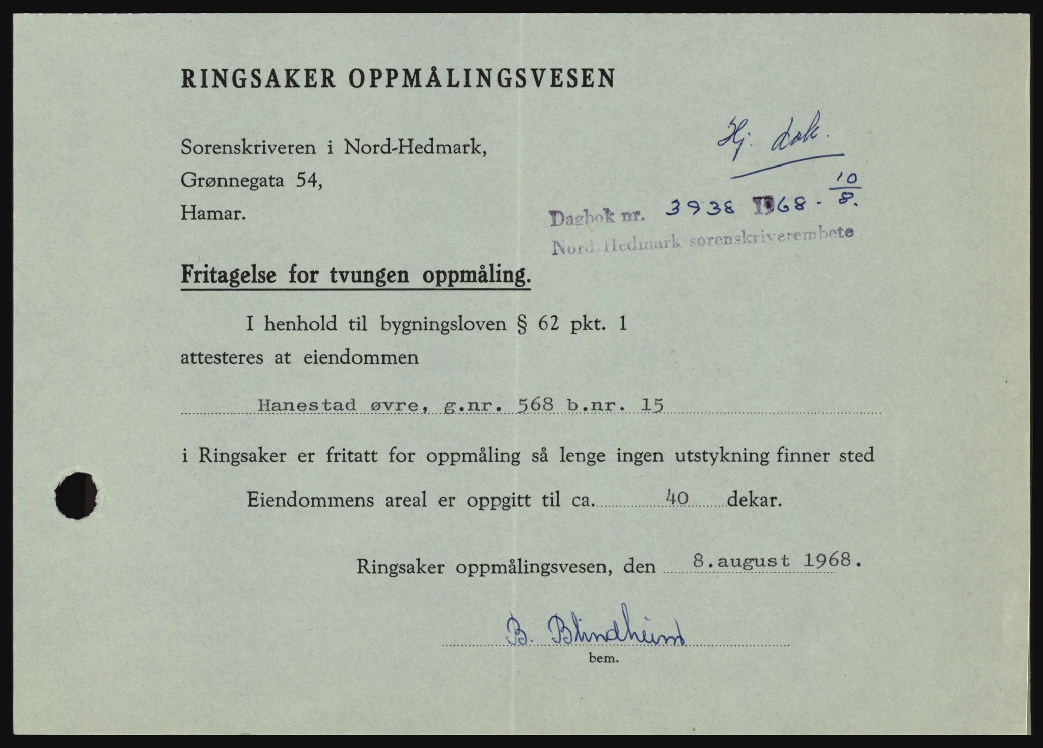 Nord-Hedmark sorenskriveri, SAH/TING-012/H/Hc/L0028: Mortgage book no. 28, 1968-1968, Diary no: : 3938/1968