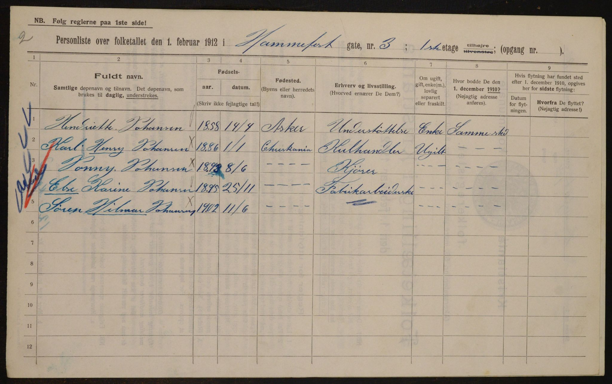 OBA, Municipal Census 1912 for Kristiania, 1912, p. 34196