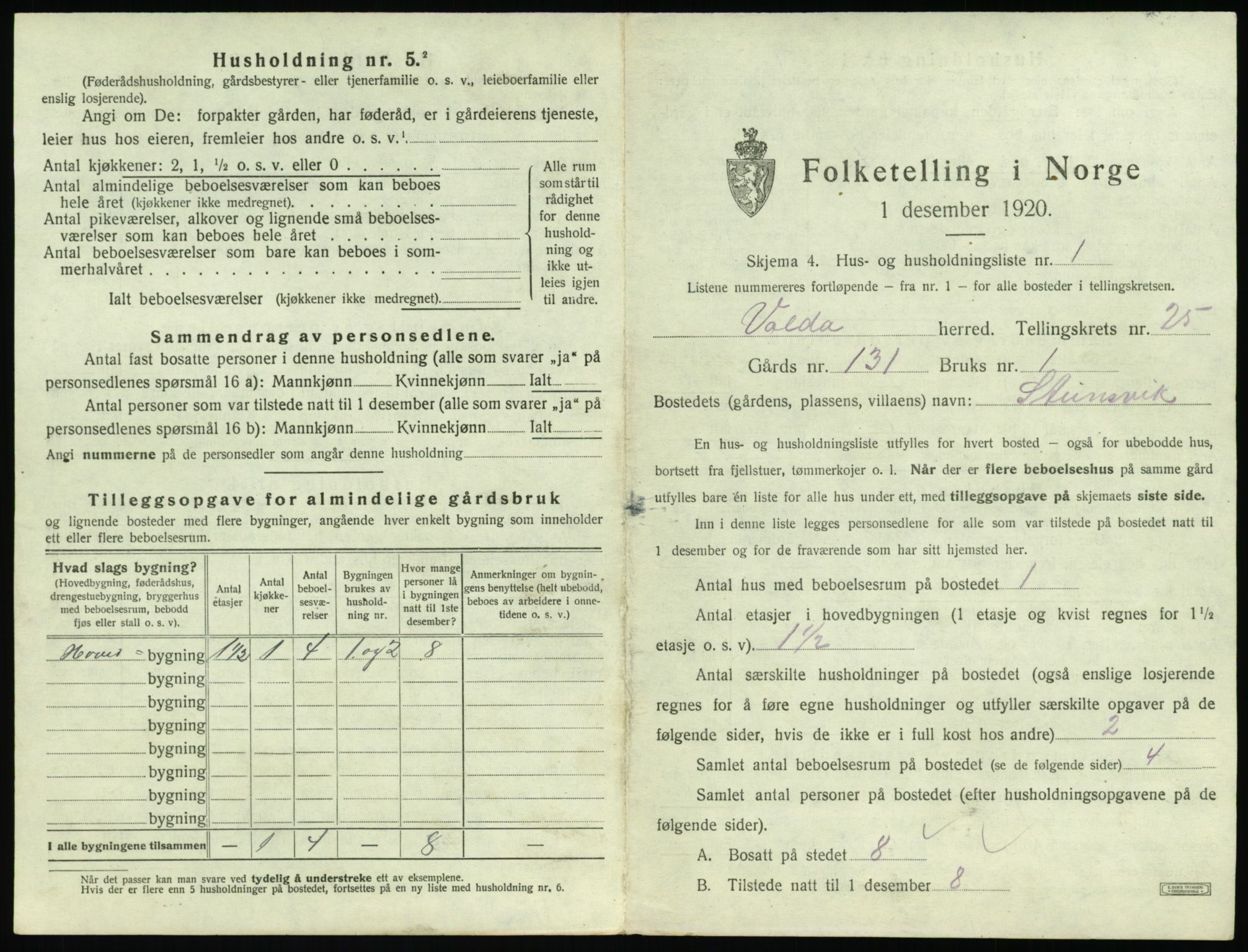 SAT, 1920 census for Volda, 1920, p. 1630