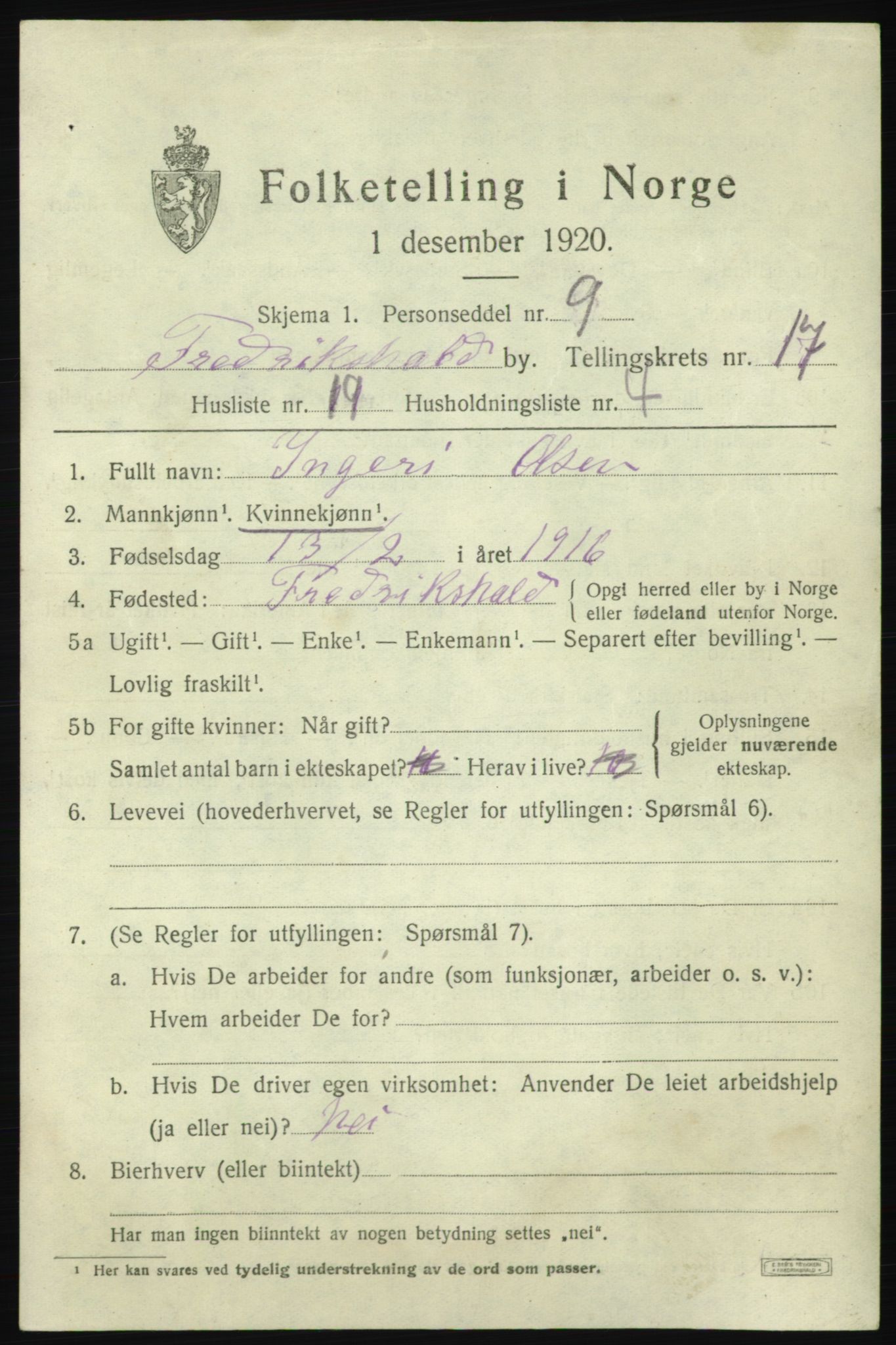 SAO, 1920 census for Fredrikshald, 1920, p. 26282