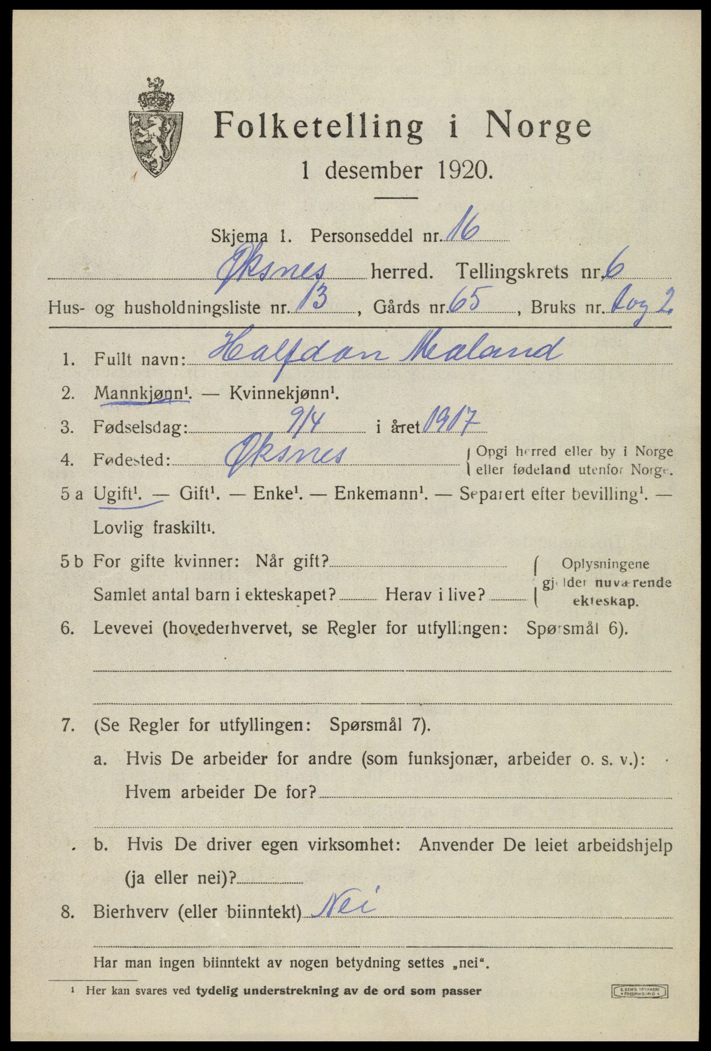 SAT, 1920 census for Øksnes, 1920, p. 5088