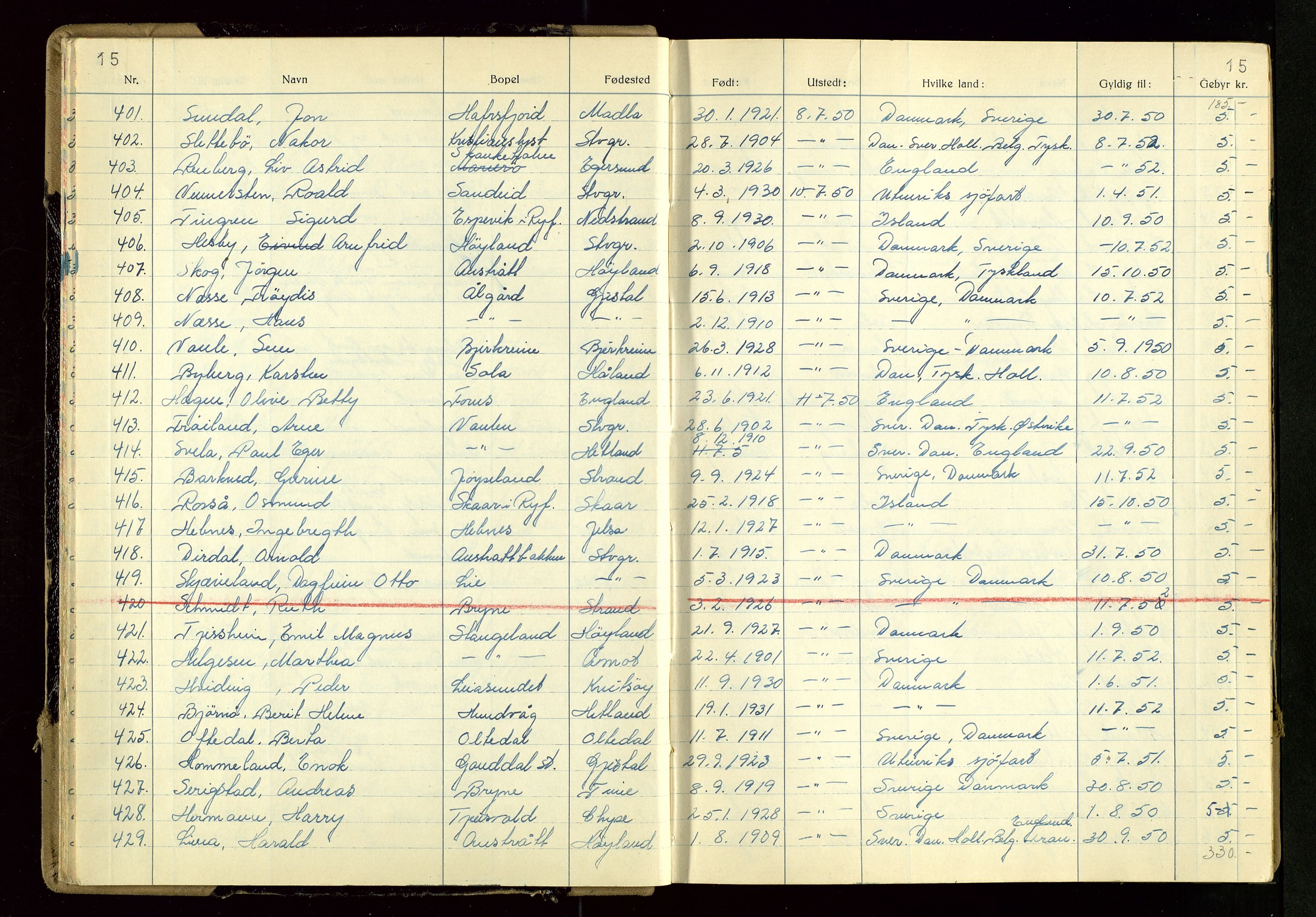 Rogaland politikammer, AV/SAST-A-101403/K/Ka/L0004: Passprotokoll, 1950-1955, p. 15