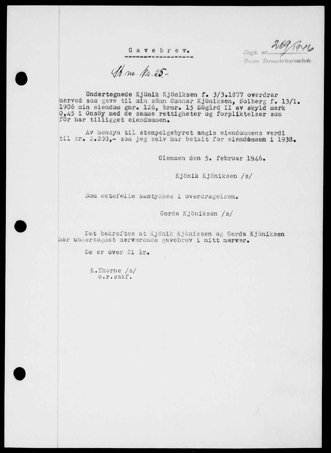 Onsøy sorenskriveri, SAO/A-10474/G/Ga/Gab/L0015: Mortgage book no. II A-15, 1945-1946, Diary no: : 269/1946