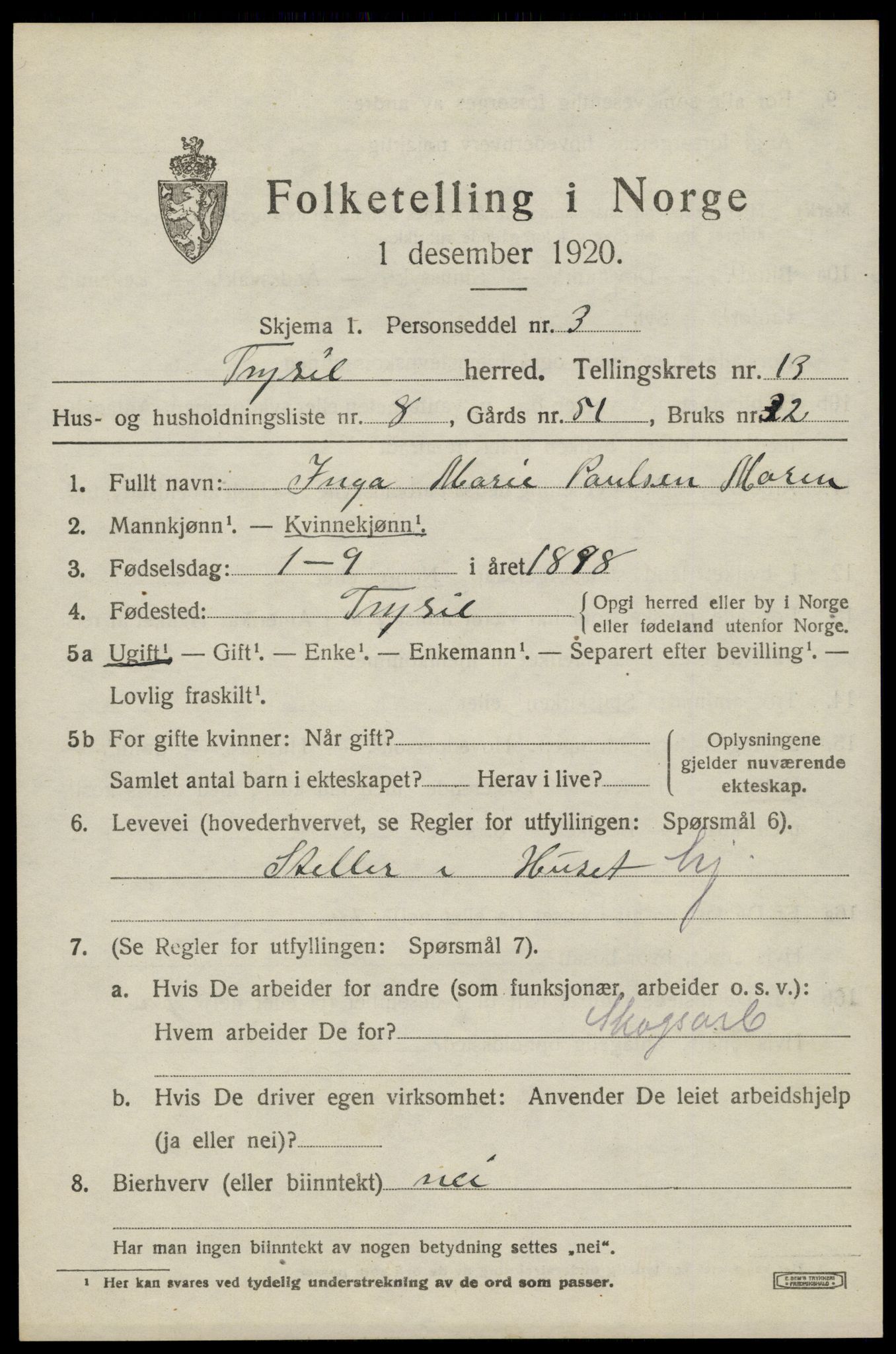 SAH, 1920 census for Trysil, 1920, p. 7725