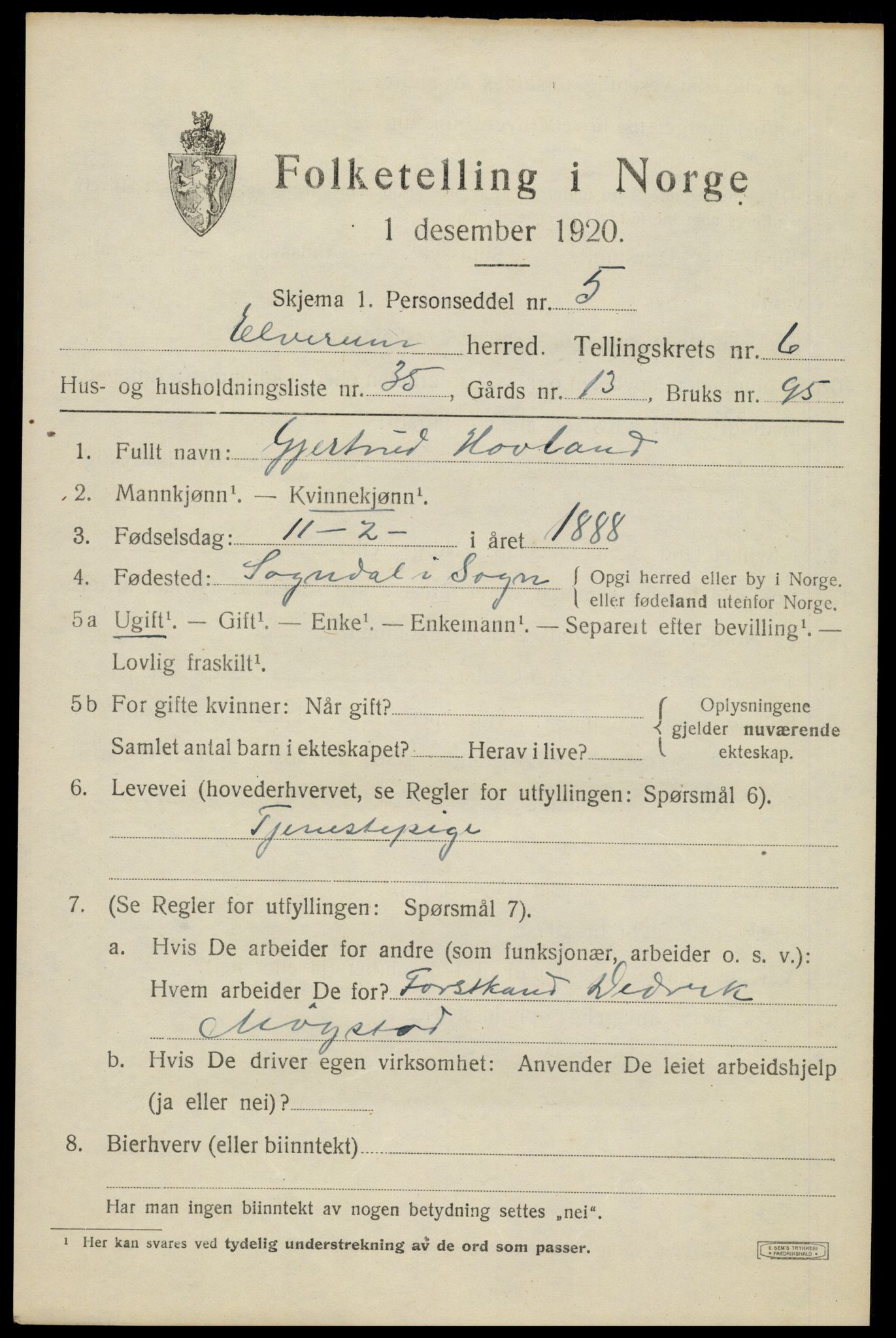 SAH, 1920 census for Elverum, 1920, p. 9708