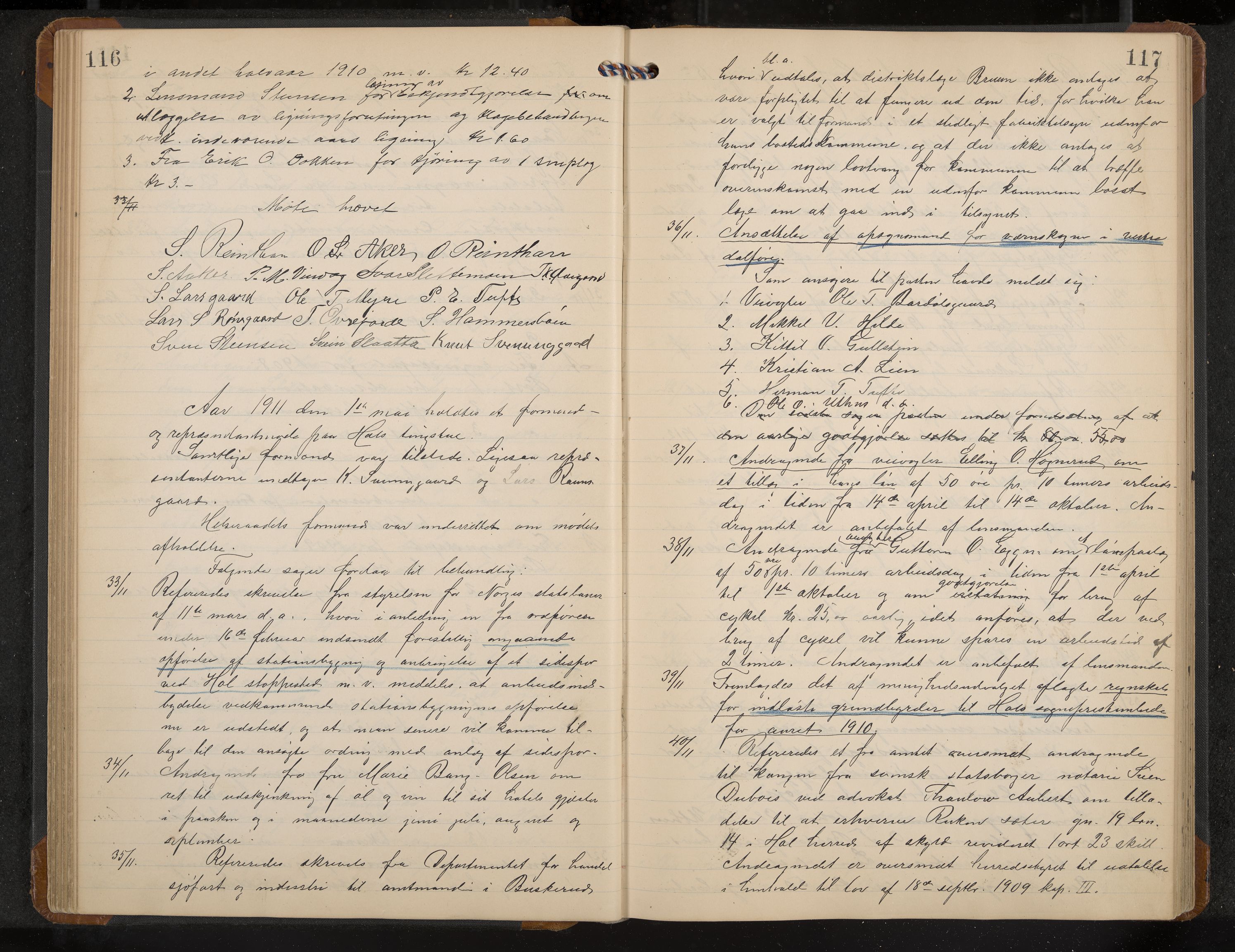 Hol formannskap og sentraladministrasjon, IKAK/0620021-1/A/L0005: Møtebok, 1909-1915, p. 116-117