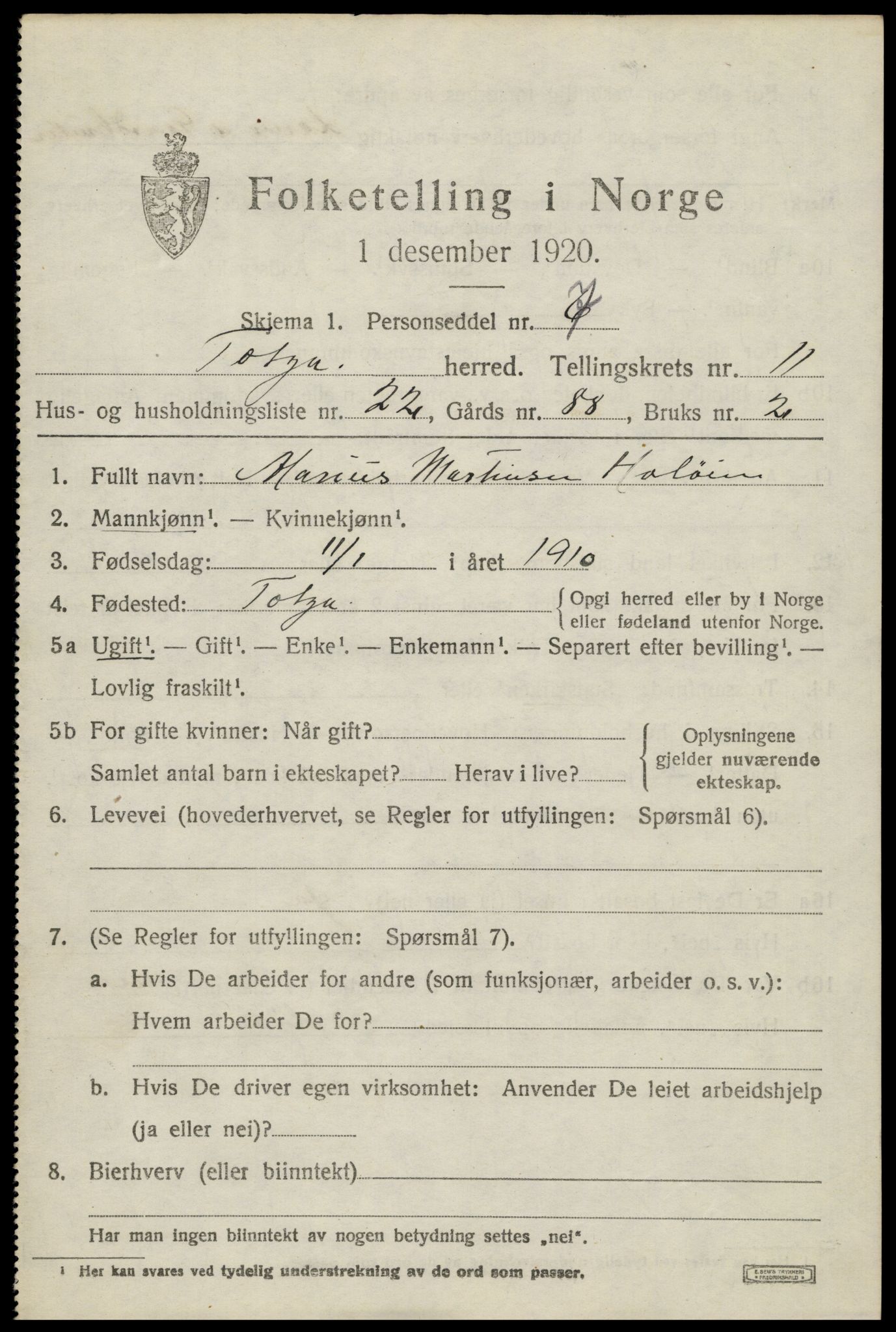 SAH, 1920 census for Tolga, 1920, p. 5507