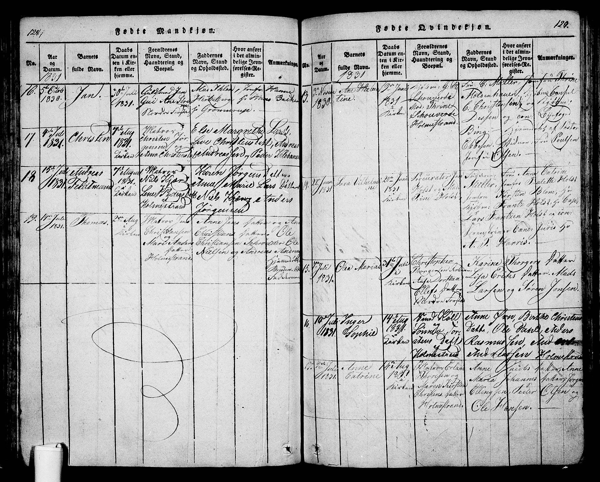 Holmestrand kirkebøker, AV/SAKO-A-346/G/Ga/L0001: Parish register (copy) no. 1, 1814-1848, p. 128-129