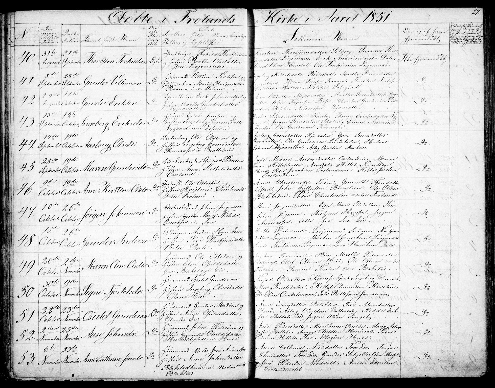 Froland sokneprestkontor, SAK/1111-0013/F/Fb/L0008: Parish register (copy) no. B 8, 1843-1875, p. 27