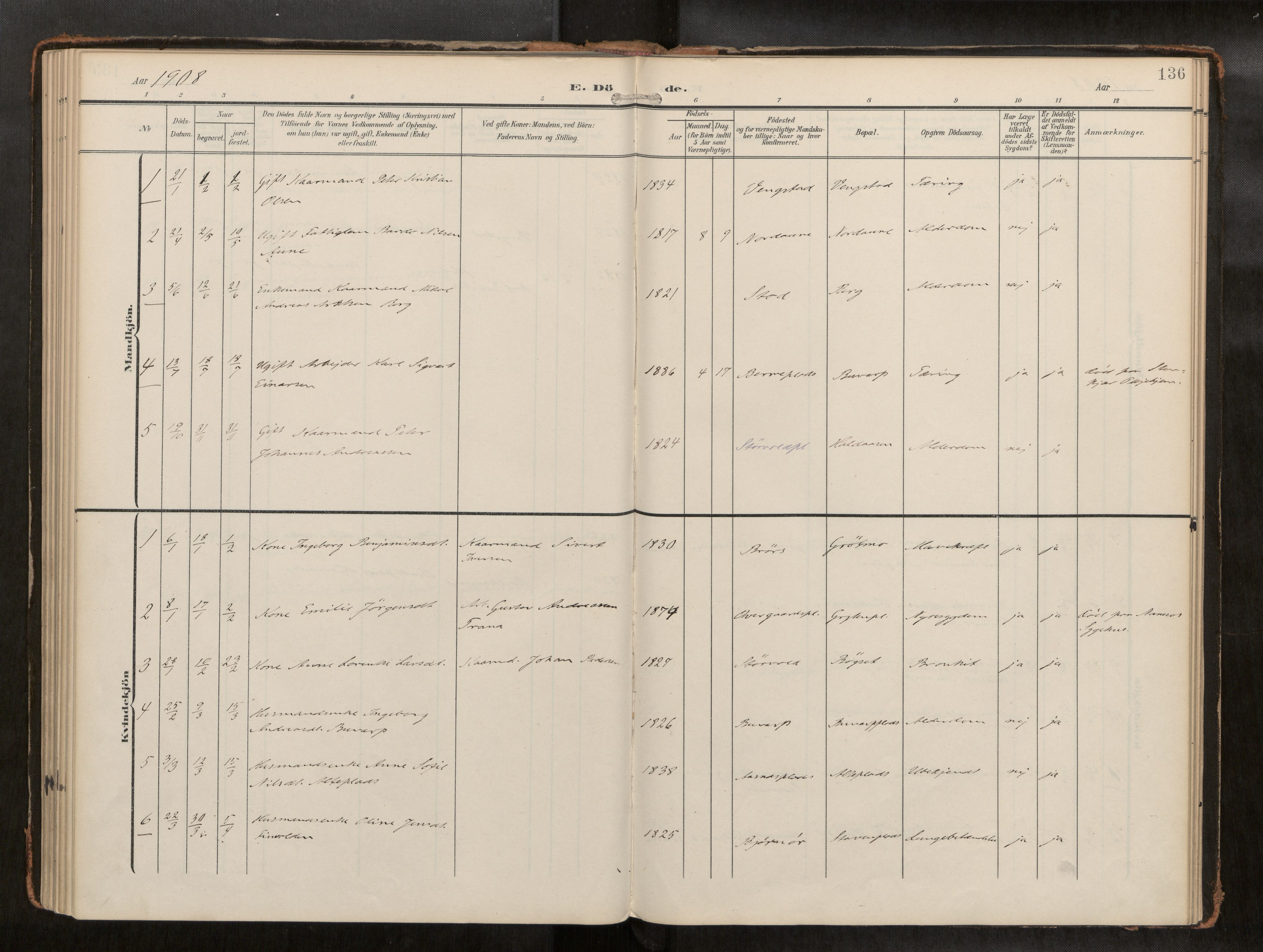 Ministerialprotokoller, klokkerbøker og fødselsregistre - Nord-Trøndelag, AV/SAT-A-1458/742/L0409a: Parish register (official) no. 742A03, 1906-1924, p. 136