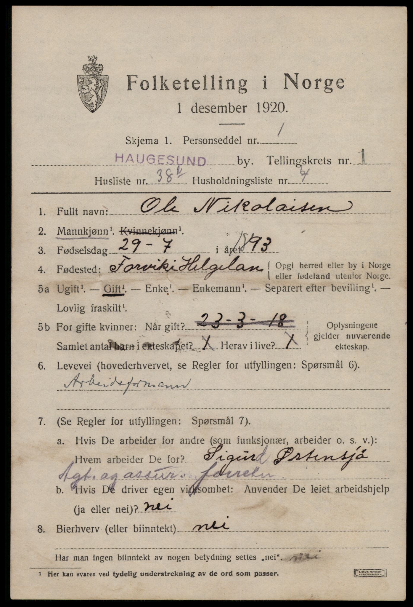 SAST, 1920 census for Haugesund, 1920, p. 12127