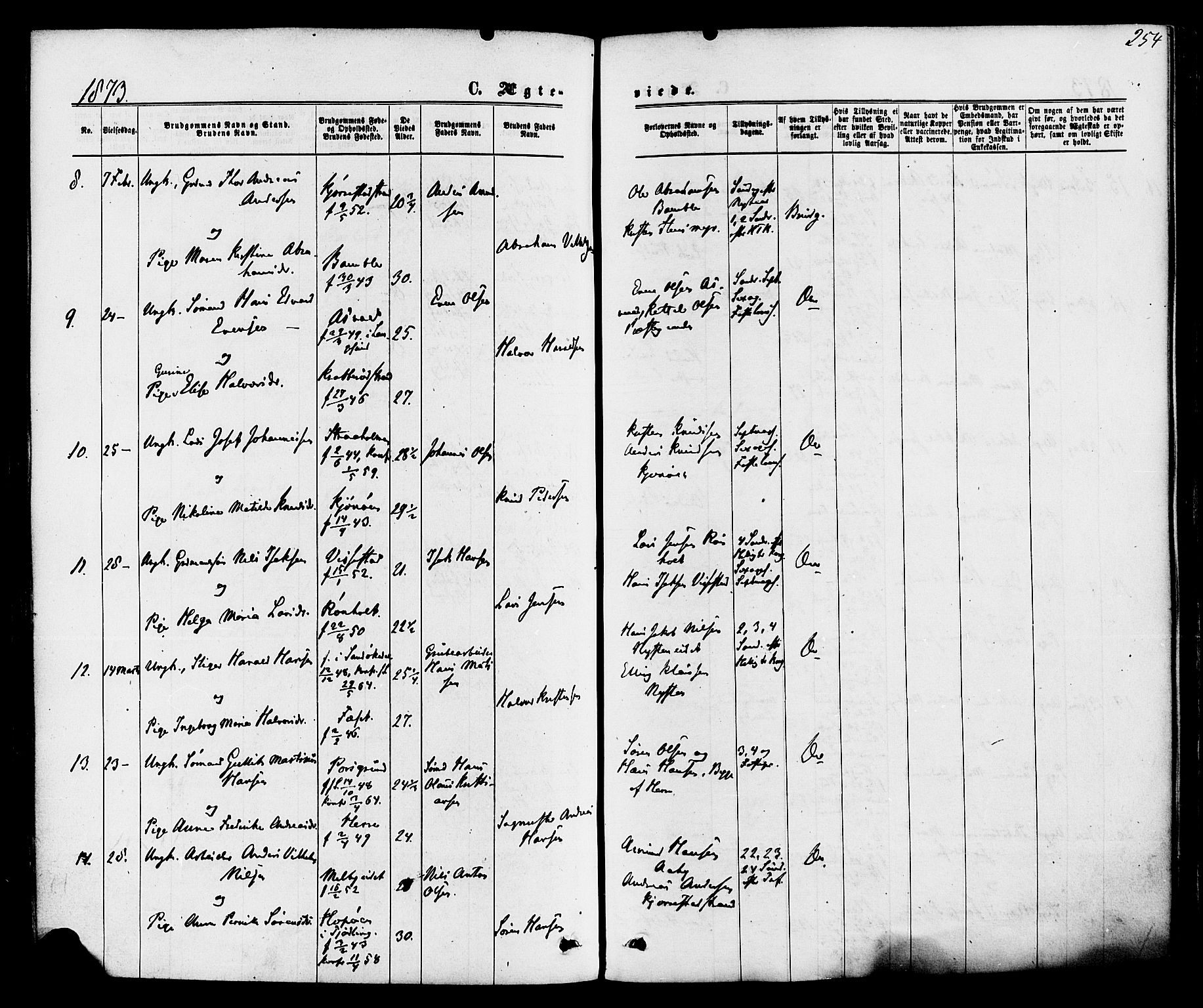 Bamble kirkebøker, AV/SAKO-A-253/F/Fa/L0006: Parish register (official) no. I 6, 1869-1877, p. 254