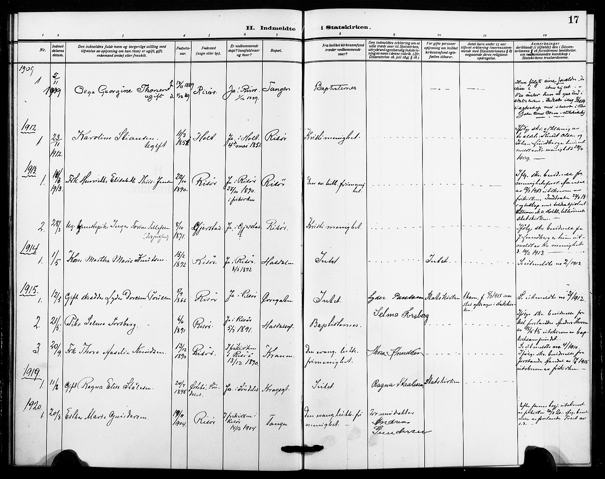 Risør sokneprestkontor, SAK/1111-0035/F/Fa/L0007: Parish register (official) no. A 7, 1908-1921, p. 17