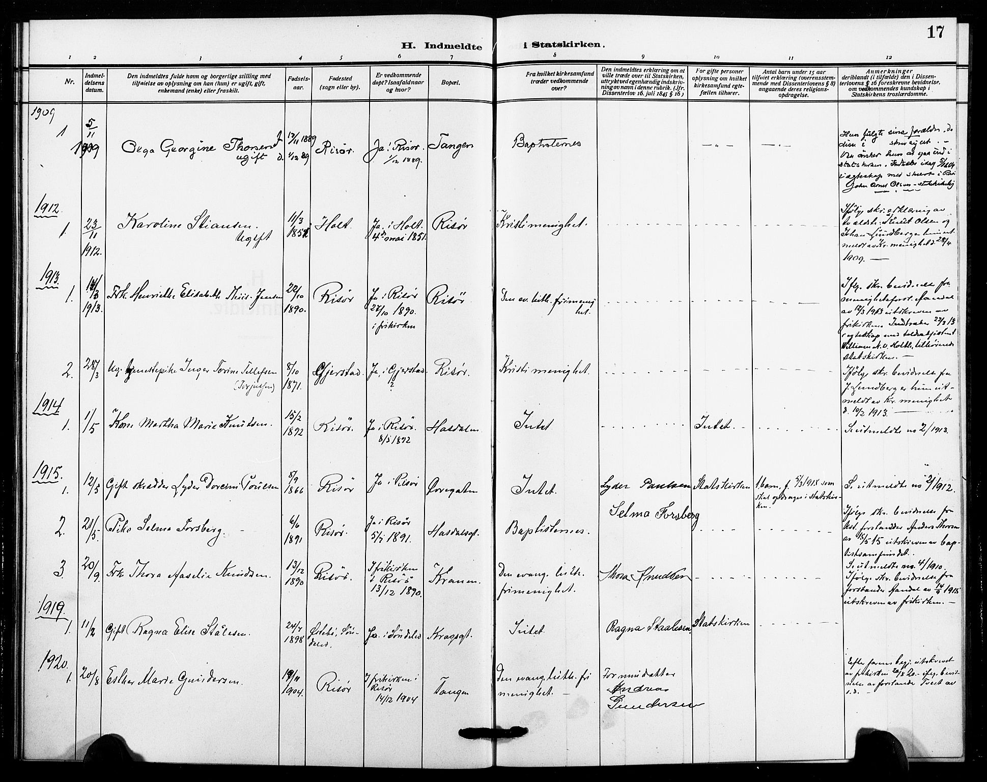 Risør sokneprestkontor, AV/SAK-1111-0035/F/Fa/L0007: Parish register (official) no. A 7, 1908-1921, p. 17