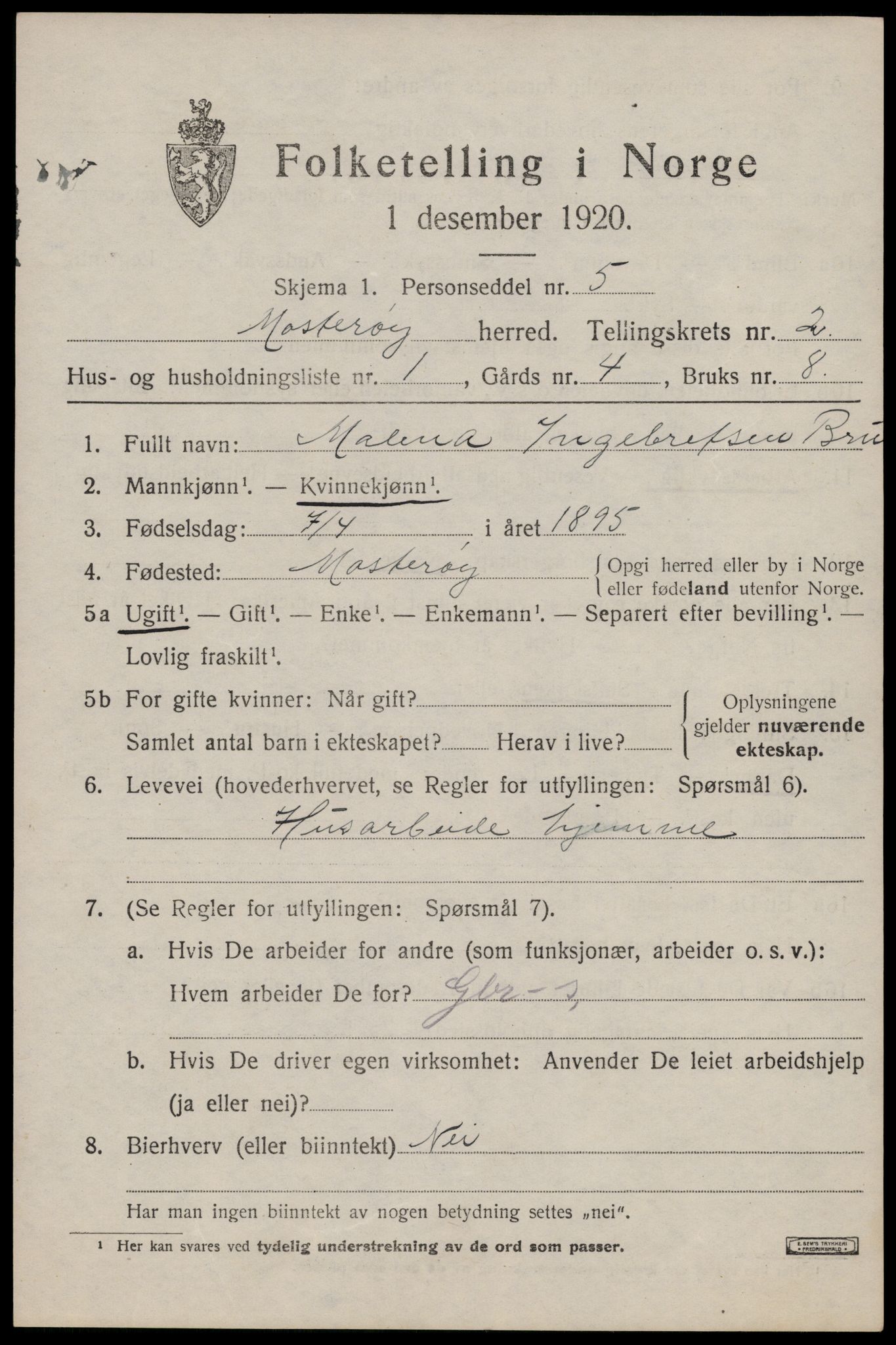 SAST, 1920 census for Mosterøy, 1920, p. 754