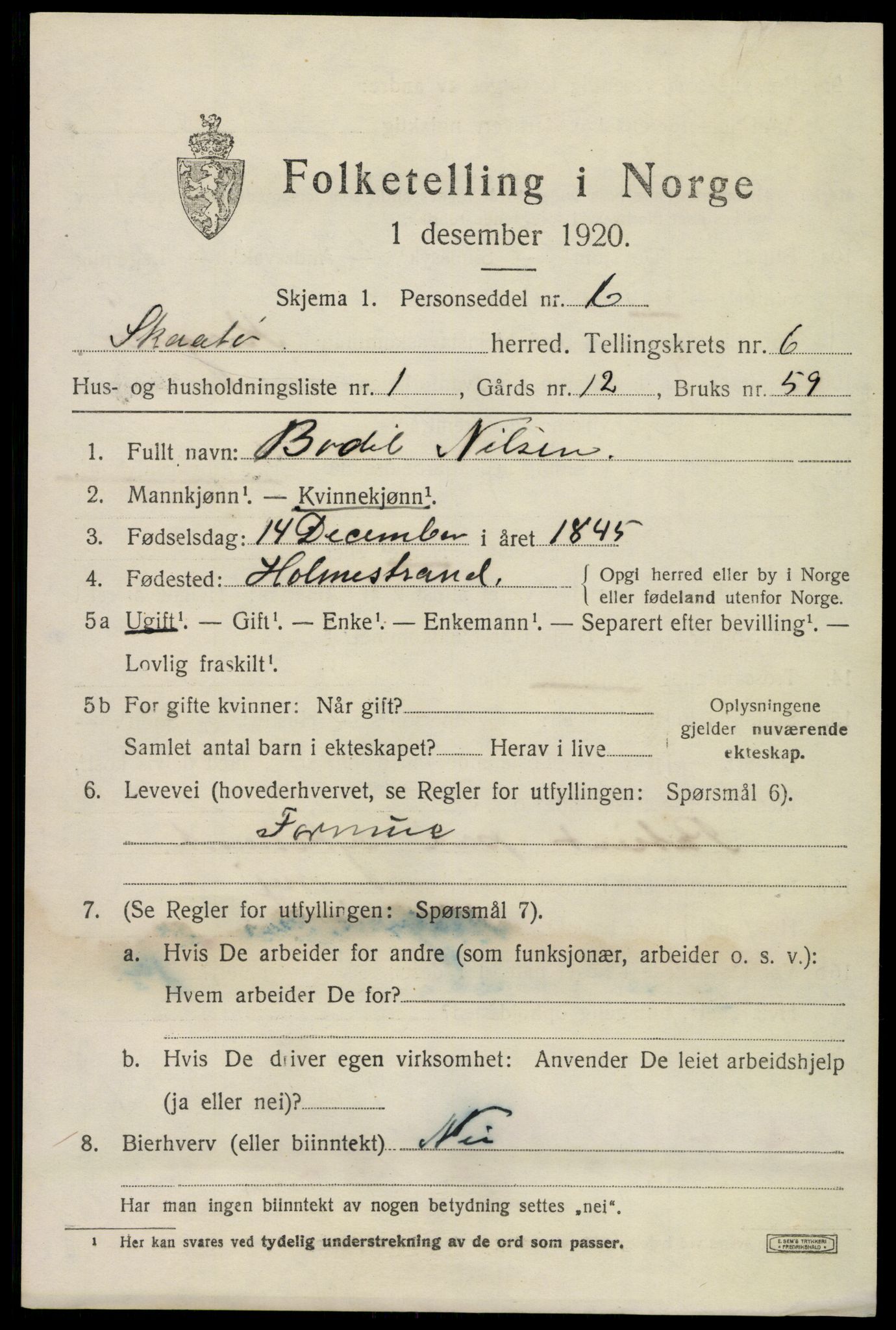 SAKO, 1920 census for Skåtøy, 1920, p. 4706