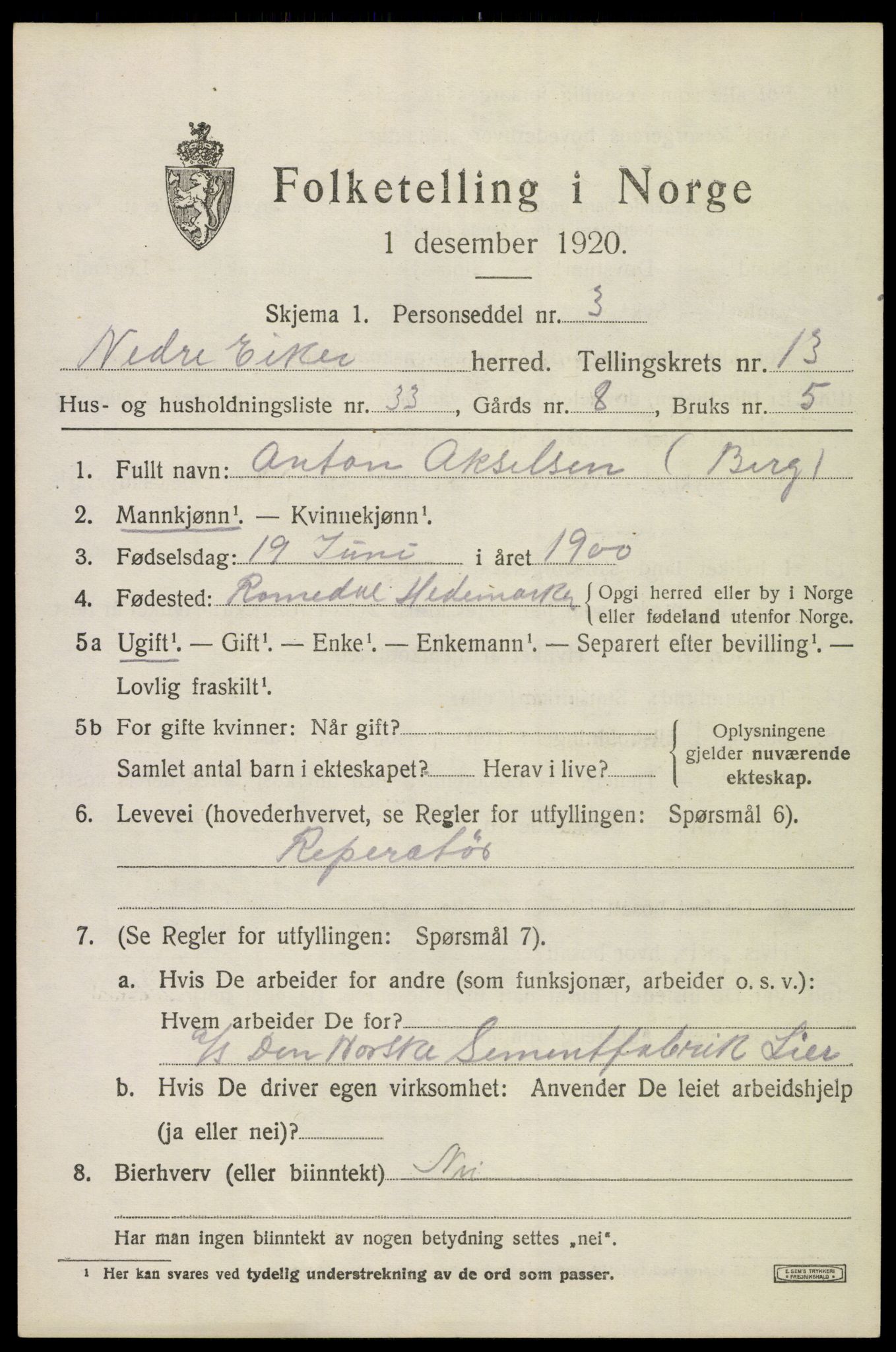 SAKO, 1920 census for Nedre Eiker, 1920, p. 15149