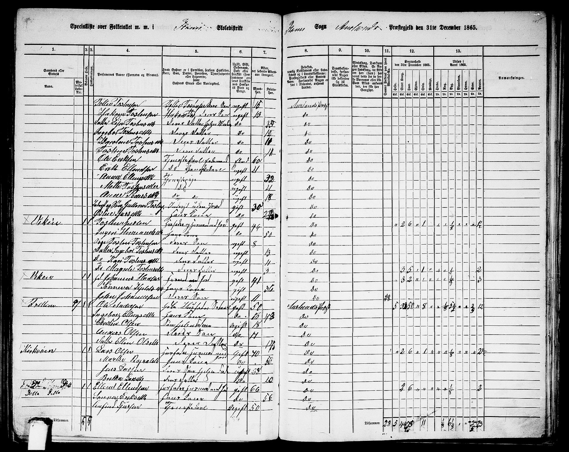 RA, 1865 census for Aurland, 1865, p. 61