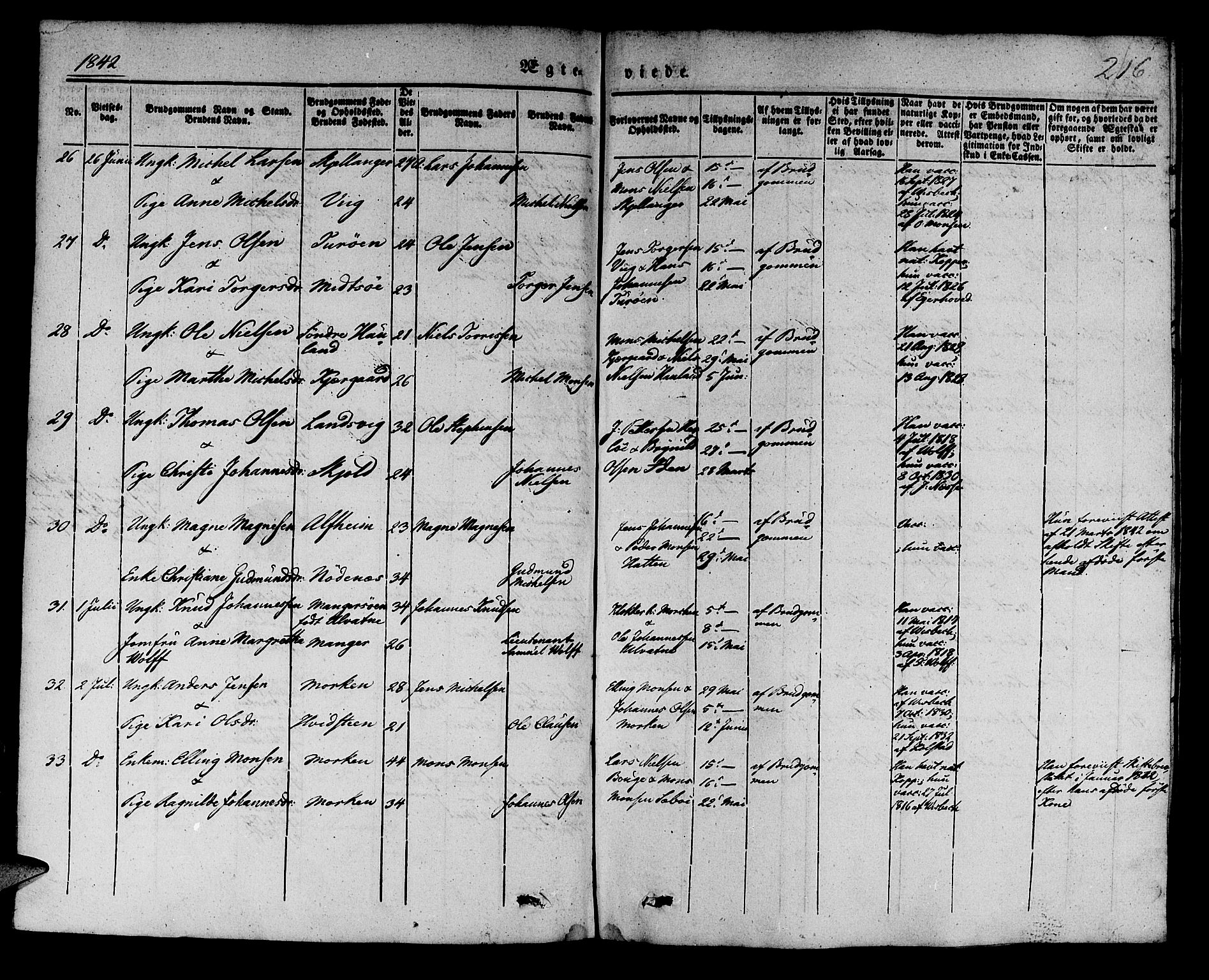 Manger sokneprestembete, AV/SAB-A-76801/H/Haa: Parish register (official) no. A 5, 1839-1848, p. 216