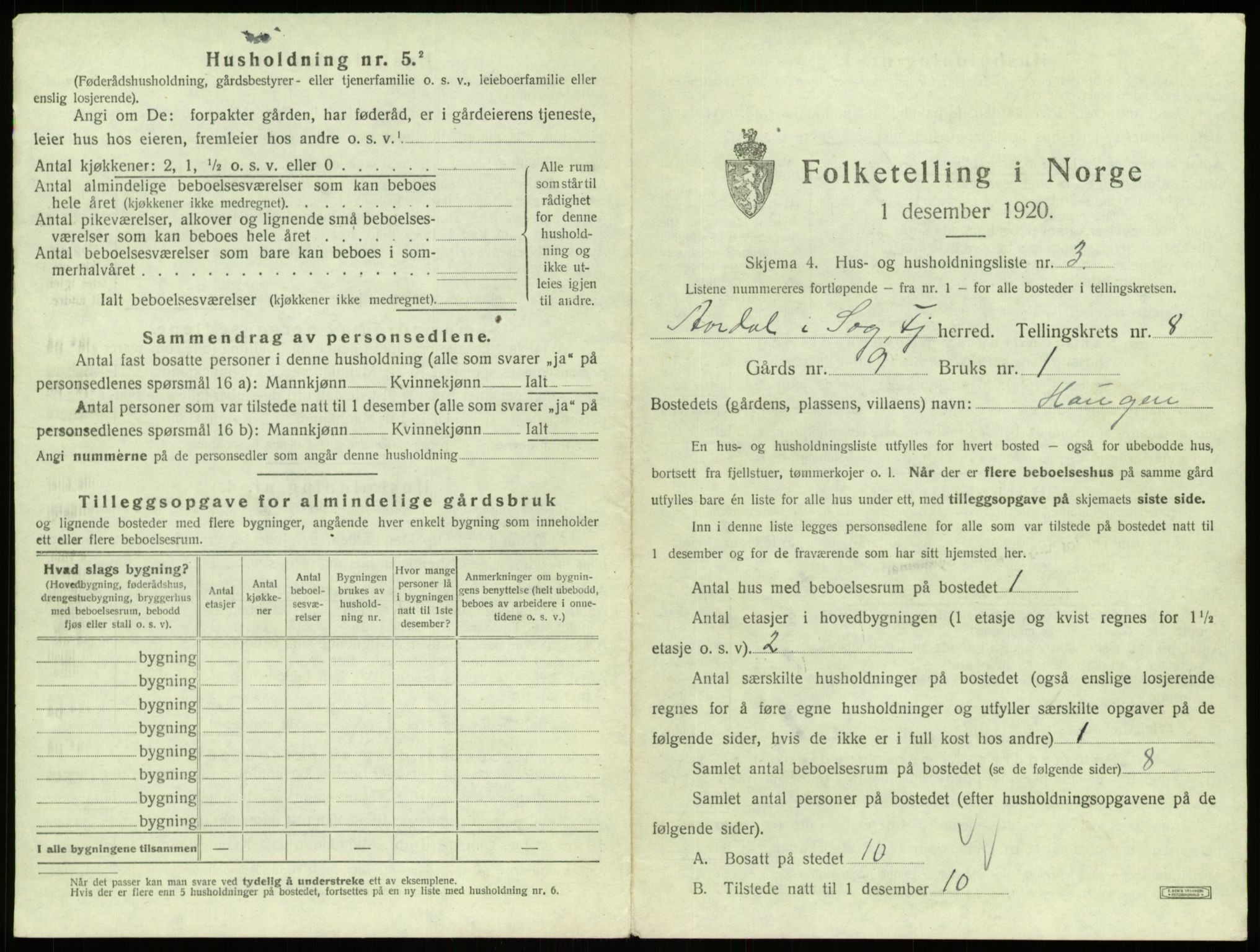 SAB, 1920 census for Årdal, 1920, p. 467