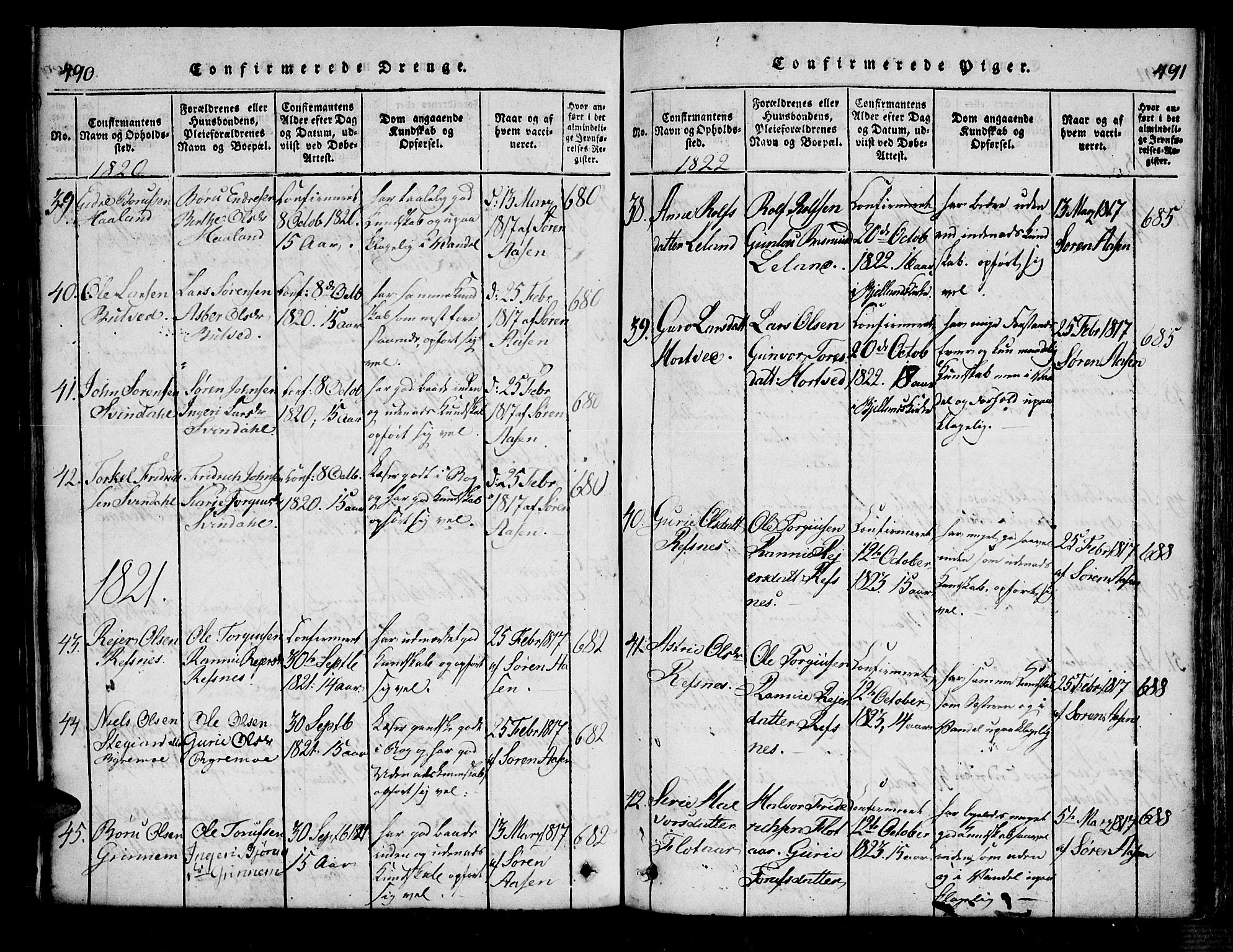Bjelland sokneprestkontor, SAK/1111-0005/F/Fa/Fac/L0001: Parish register (official) no. A 1, 1815-1866, p. 490-491