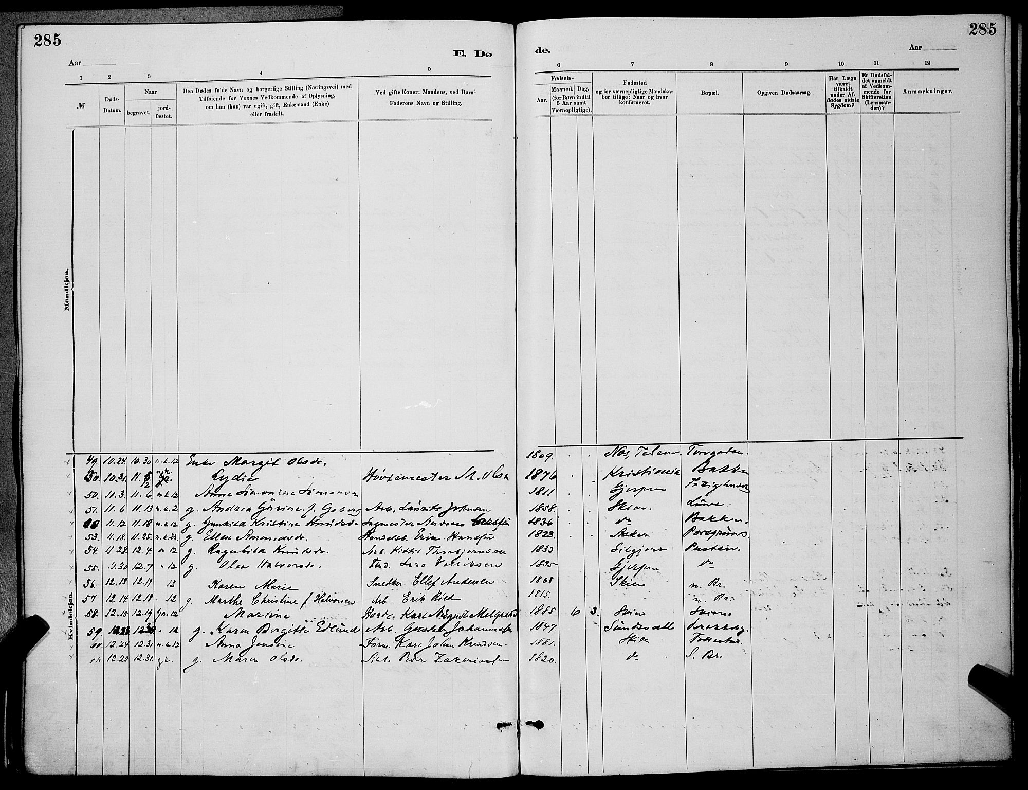Skien kirkebøker, SAKO/A-302/G/Ga/L0006: Parish register (copy) no. 6, 1881-1890, p. 285