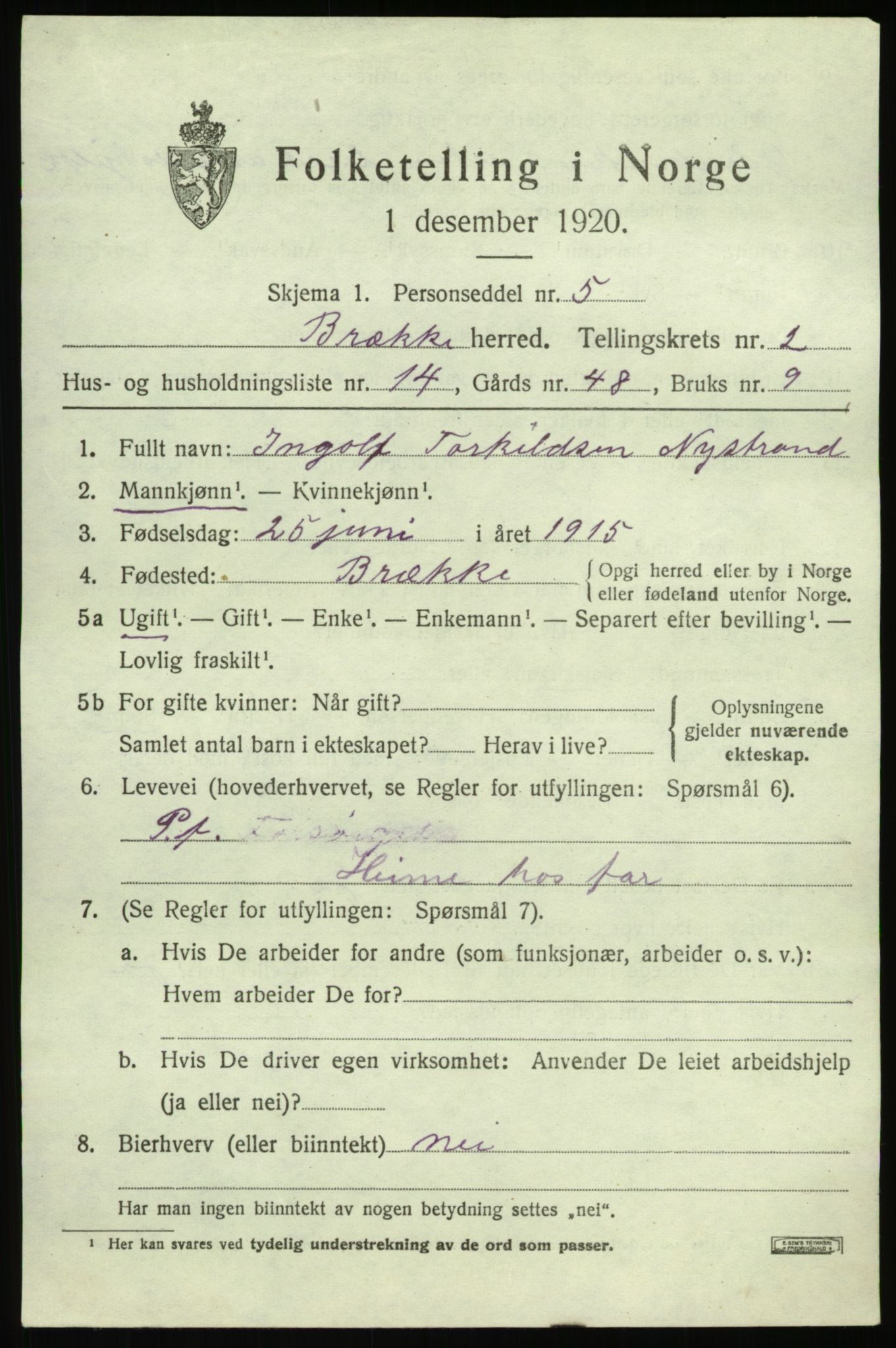 SAB, 1920 census for Brekke, 1920, p. 692