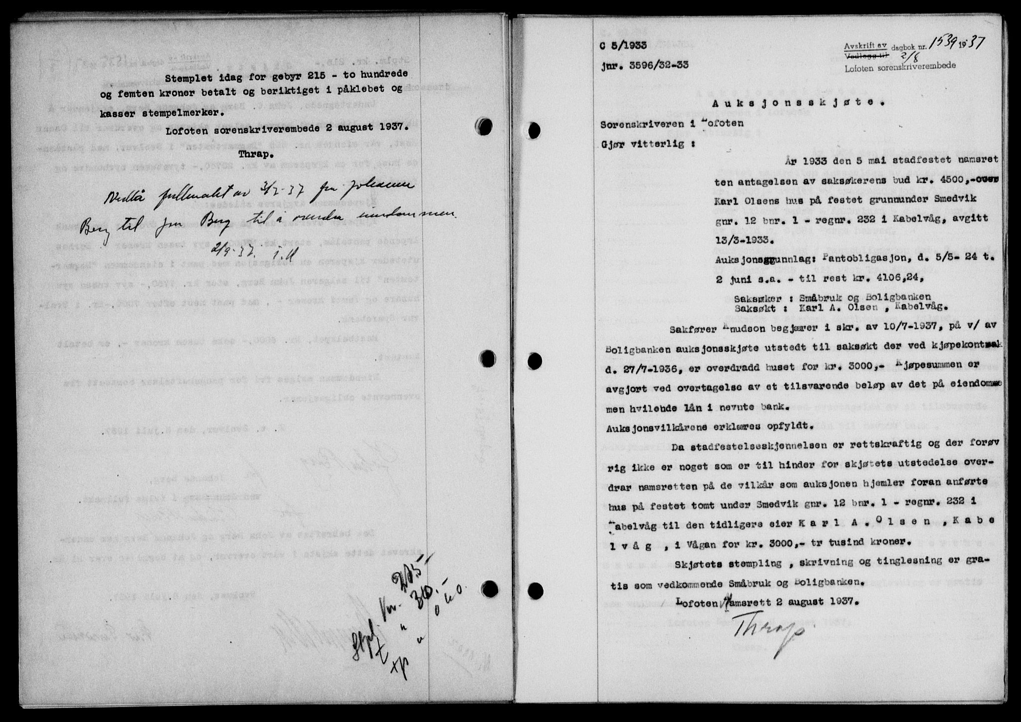 Lofoten sorenskriveri, SAT/A-0017/1/2/2C/L0002a: Mortgage book no. 2a, 1937-1937, Diary no: : 1539/1937
