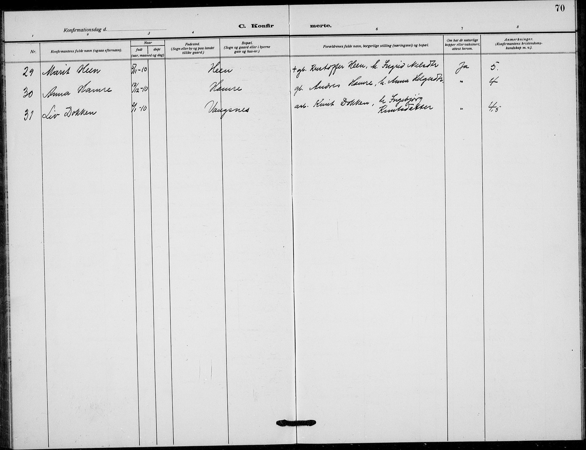 Vang prestekontor, Valdres, AV/SAH-PREST-140/H/Hb/L0012: Parish register (copy) no. 12, 1919-1937, p. 70