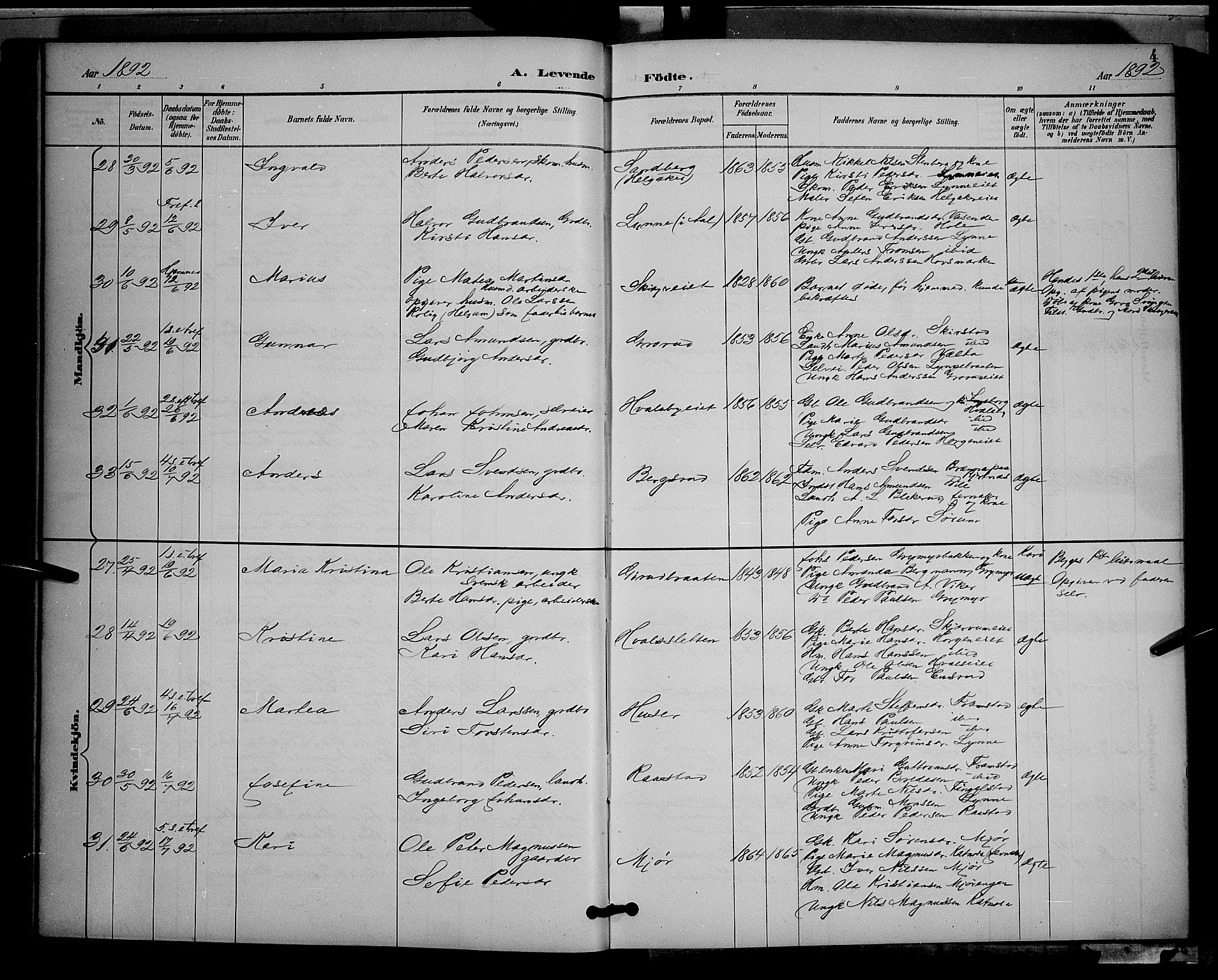 Gran prestekontor, AV/SAH-PREST-112/H/Ha/Hab/L0005: Parish register (copy) no. 5, 1892-1900, p. 4