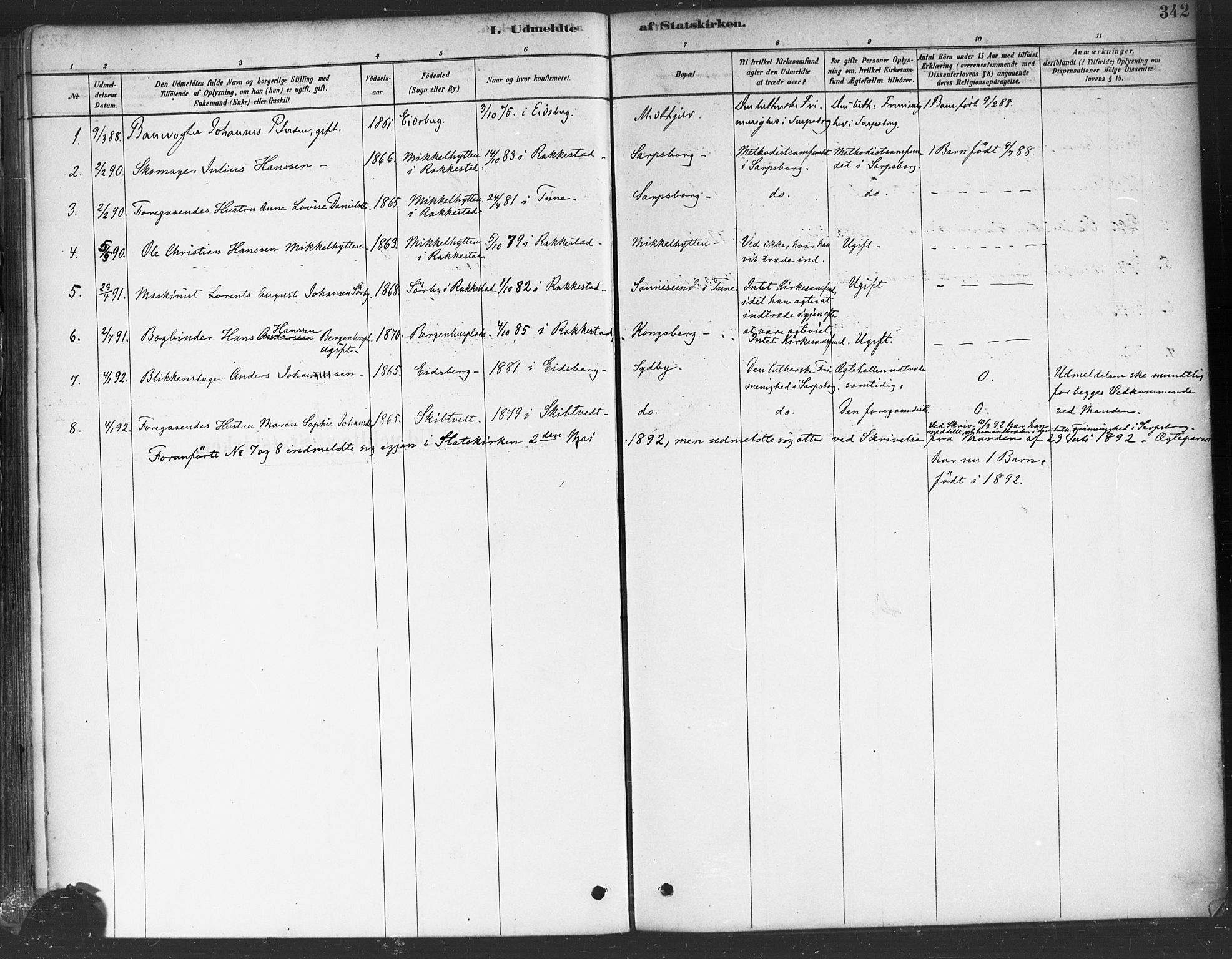 Rakkestad prestekontor Kirkebøker, AV/SAO-A-2008/F/Fa/L0012: Parish register (official) no. I 12, 1878-1893, p. 342