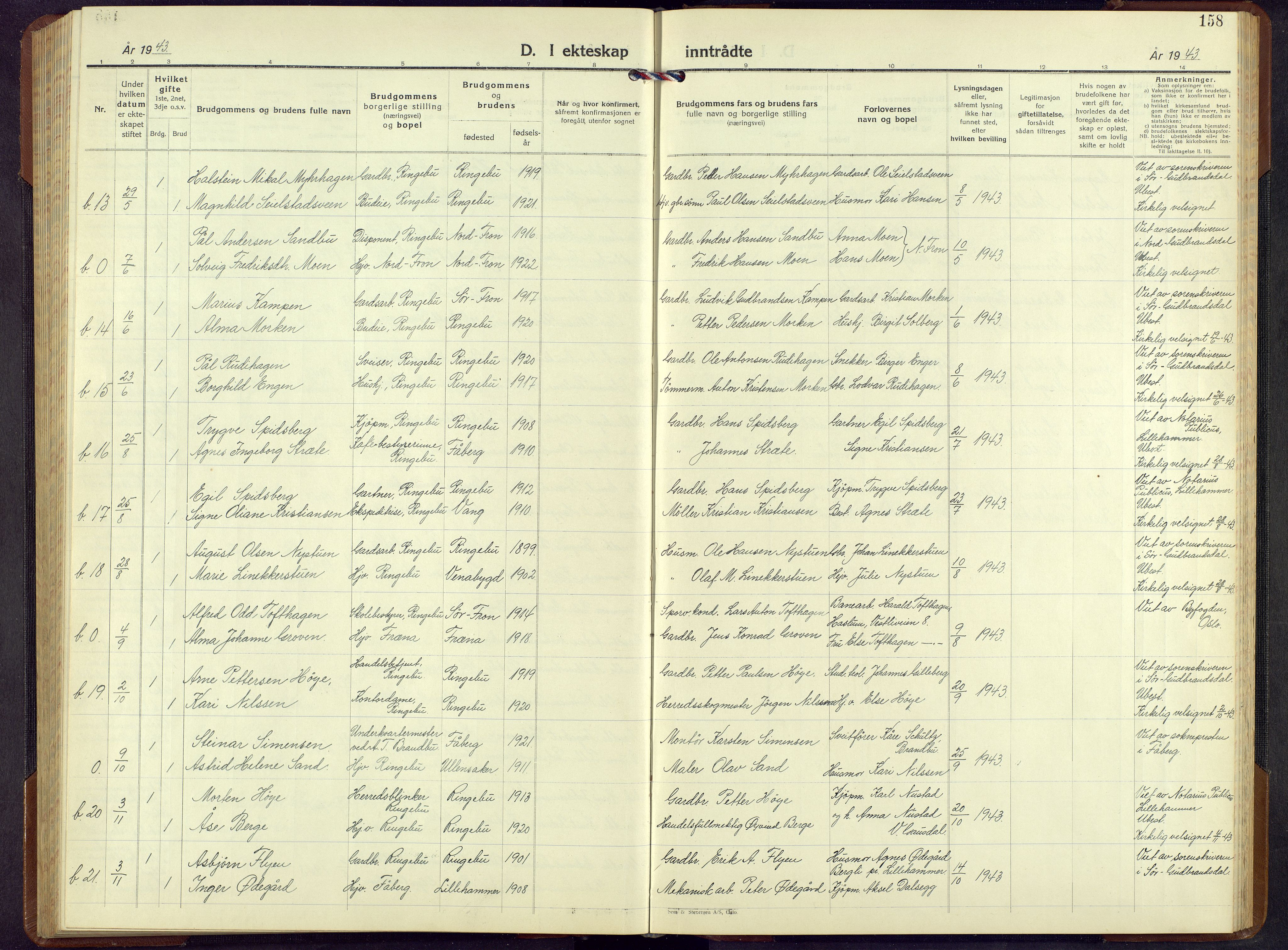 Ringebu prestekontor, SAH/PREST-082/H/Ha/Hab/L0013: Parish register (copy) no. 13, 1943-1956, p. 158