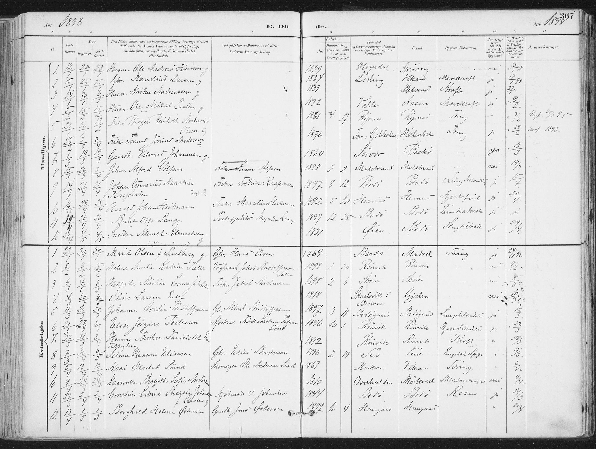 Ministerialprotokoller, klokkerbøker og fødselsregistre - Nordland, AV/SAT-A-1459/802/L0055: Parish register (official) no. 802A02, 1894-1915, p. 367