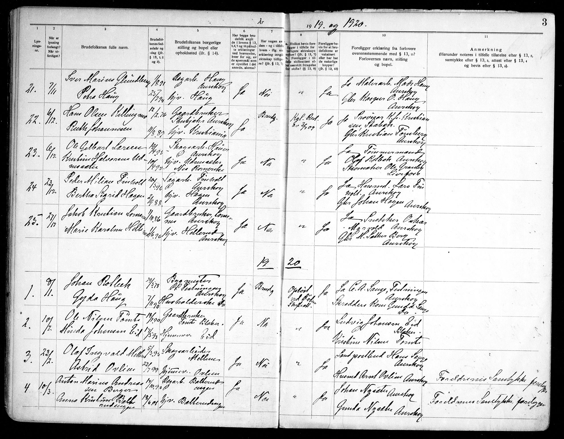 Aurskog prestekontor Kirkebøker, SAO/A-10304a/H/Ha/L0002: Banns register no. 2, 1919-1947, p. 3
