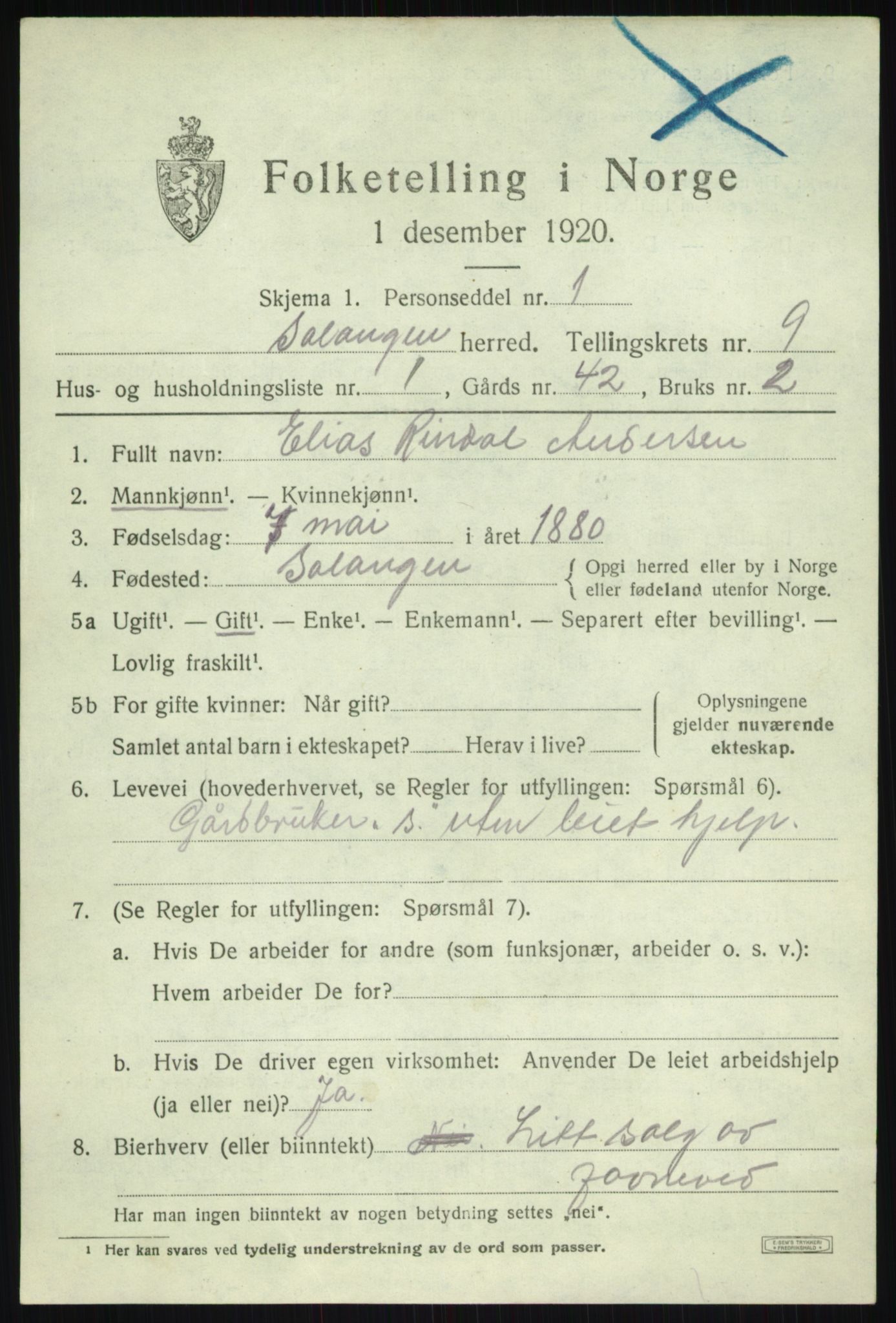 SATØ, 1920 census for Salangen, 1920, p. 5622