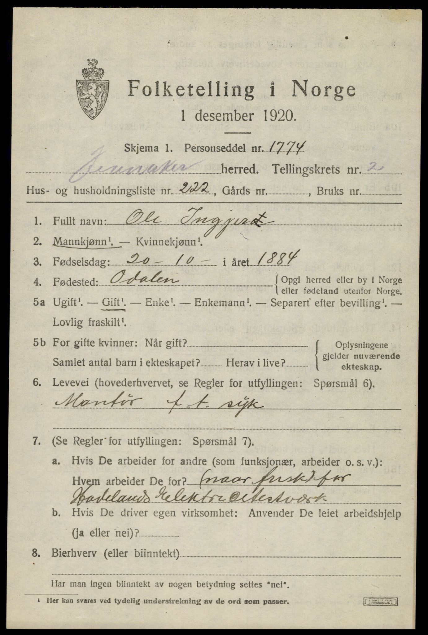 SAH, 1920 census for Jevnaker, 1920, p. 4967