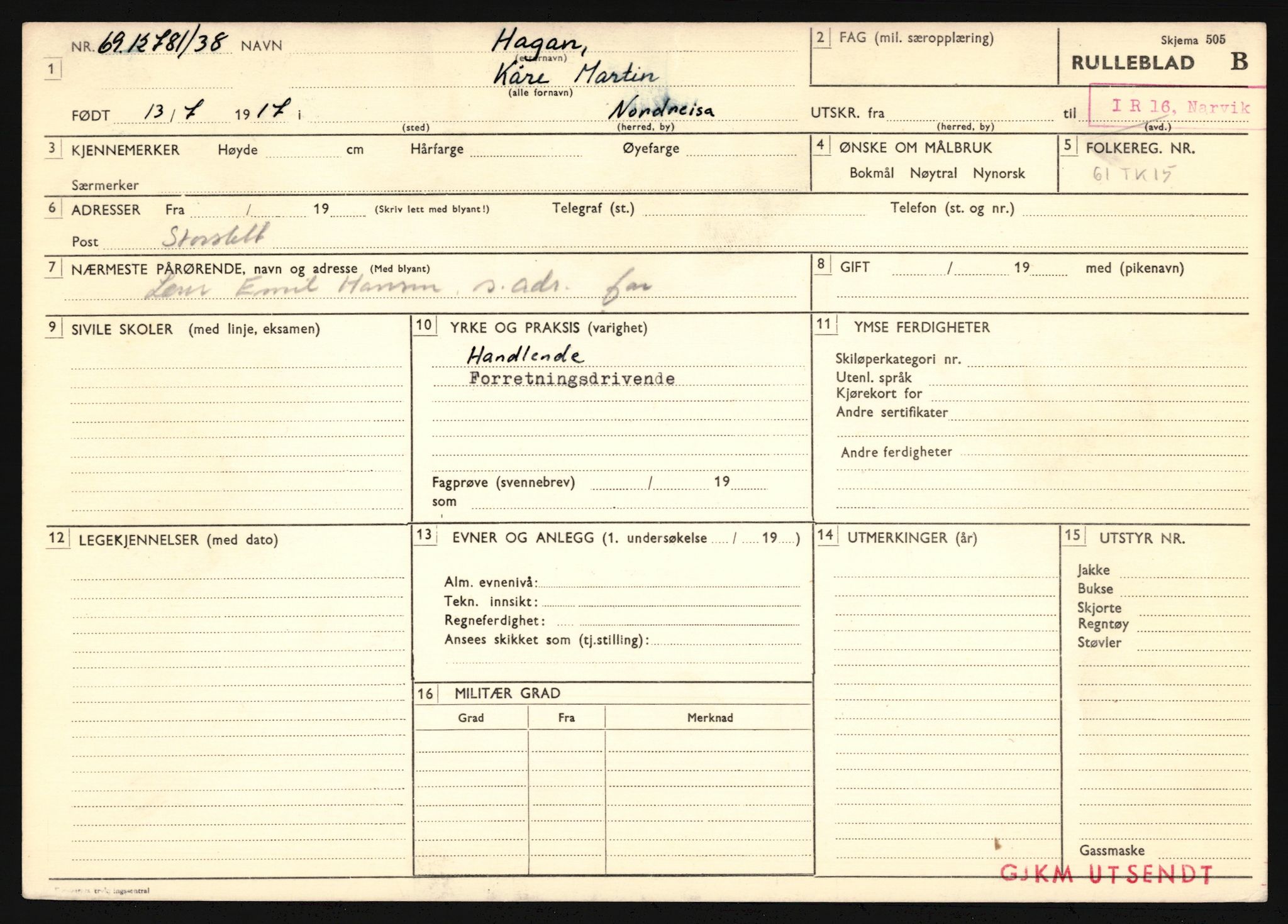 Forsvaret, Troms infanteriregiment nr. 16, AV/RA-RAFA-3146/P/Pa/L0022: Rulleblad for regimentets menige mannskaper, årsklasse 1938, 1938, p. 347