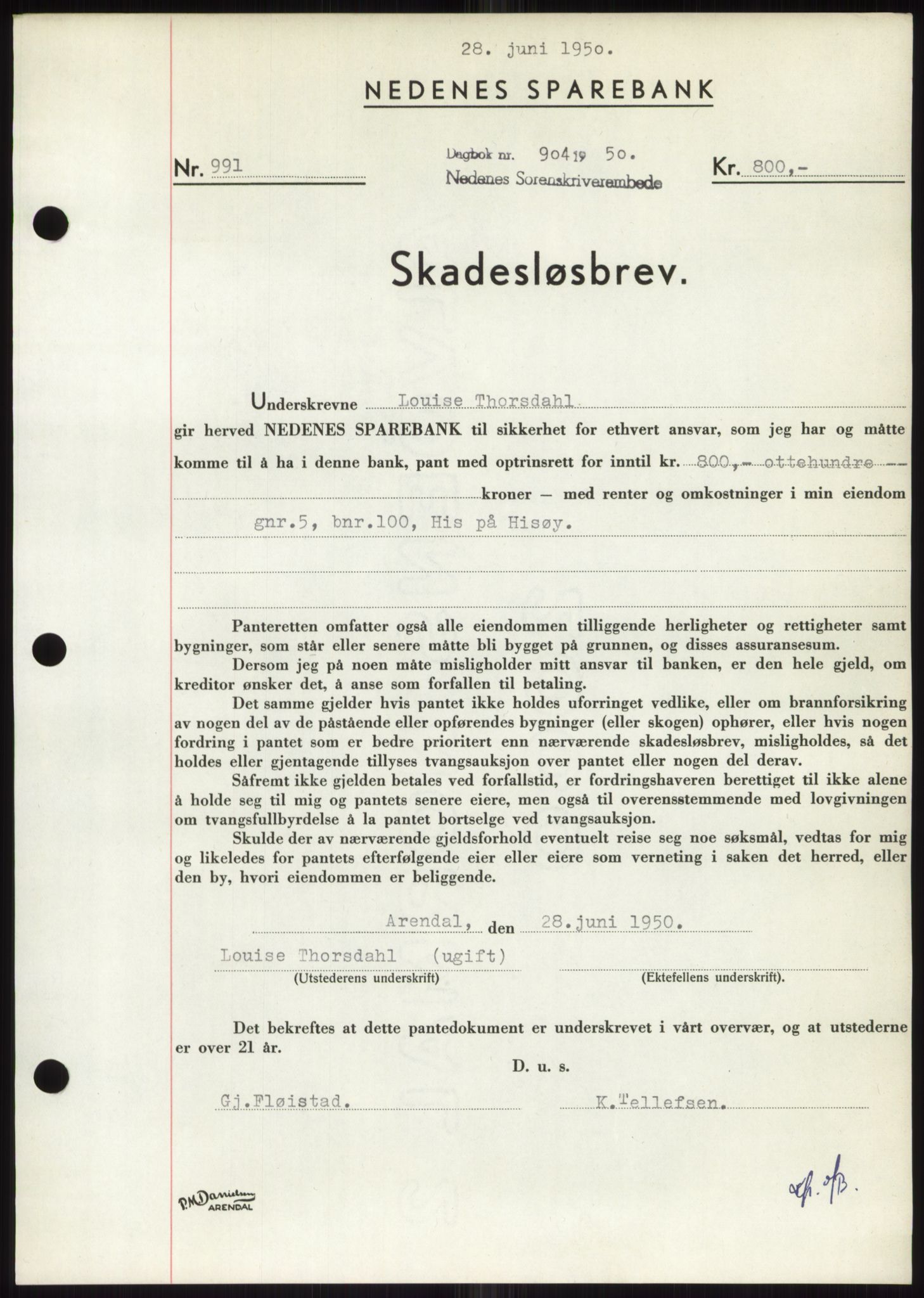 Nedenes sorenskriveri, AV/SAK-1221-0006/G/Gb/Gbb/L0007: Mortgage book no. B7, 1949-1950, Diary no: : 904/1950