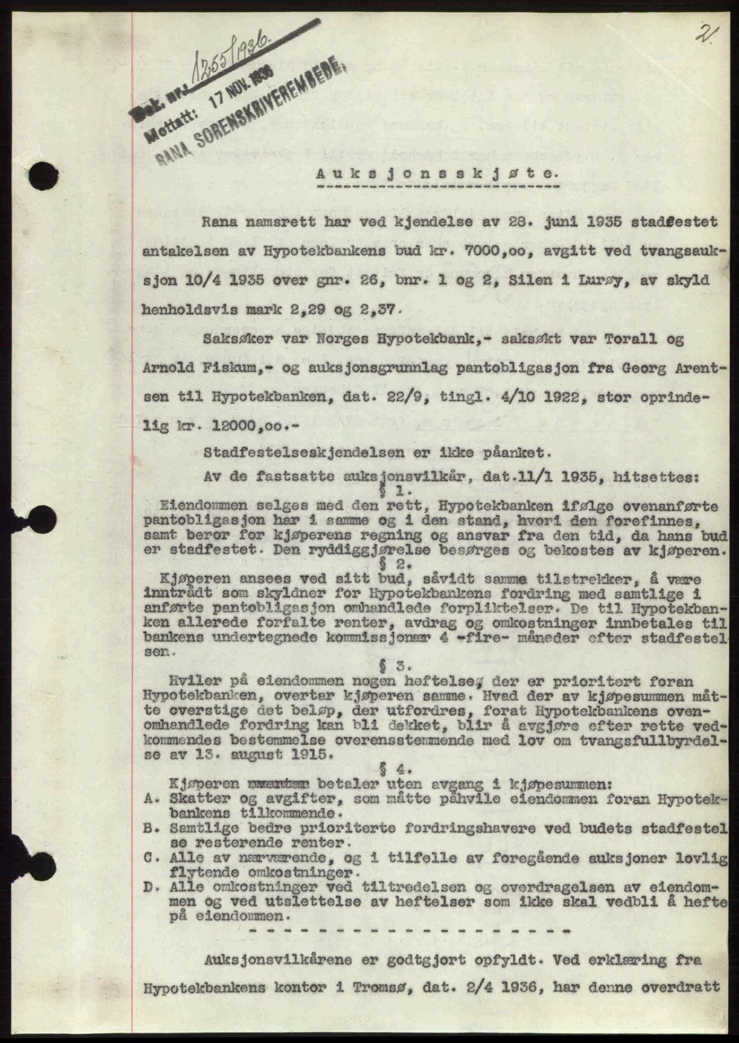 Rana sorenskriveri , SAT/A-1108/1/2/2C: Mortgage book no. A 2, 1936-1937, Diary no: : 1255/1936